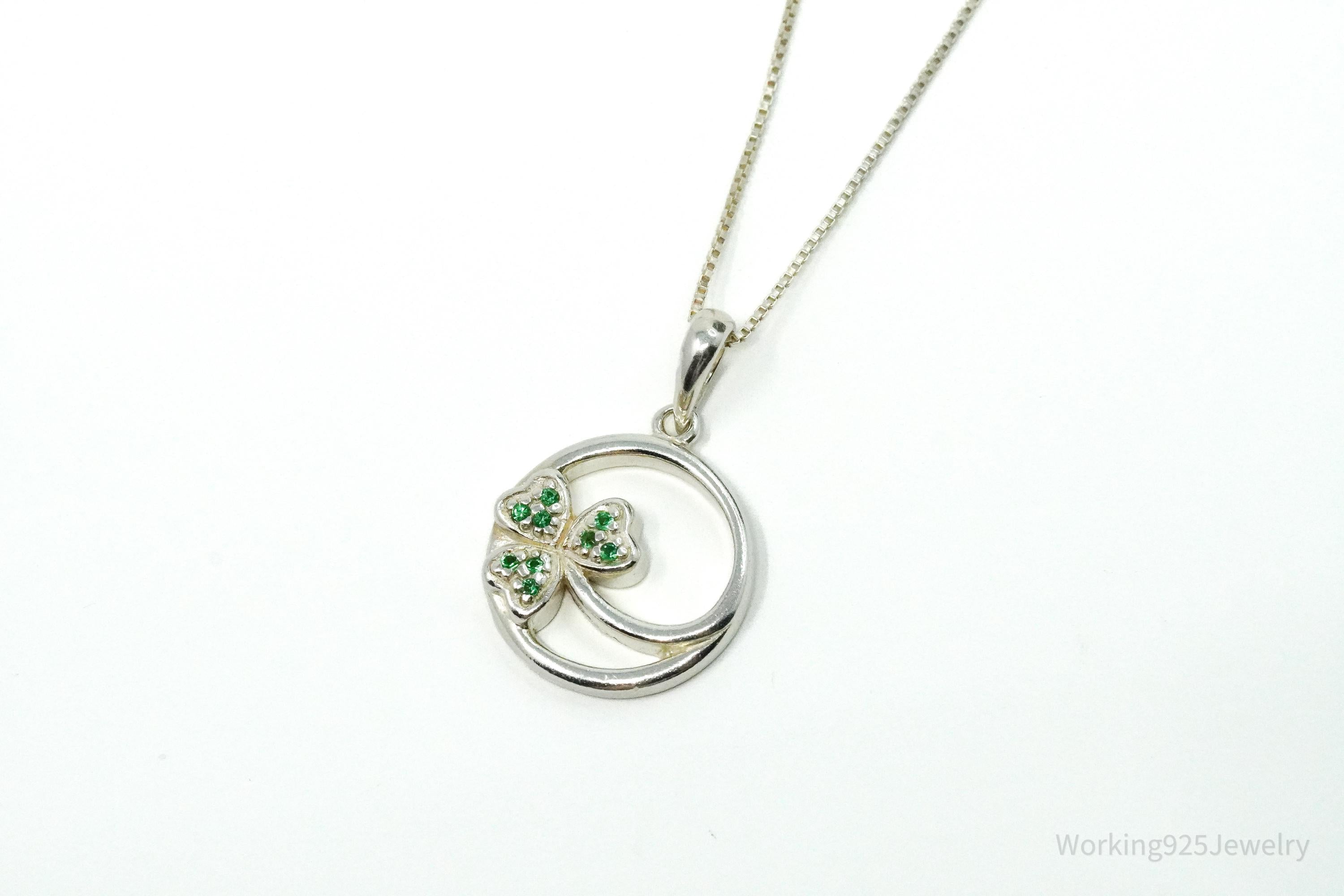 Vintage SOLVAR Three Leaf Clover Green Stone Sterling Silver Necklace - 16"