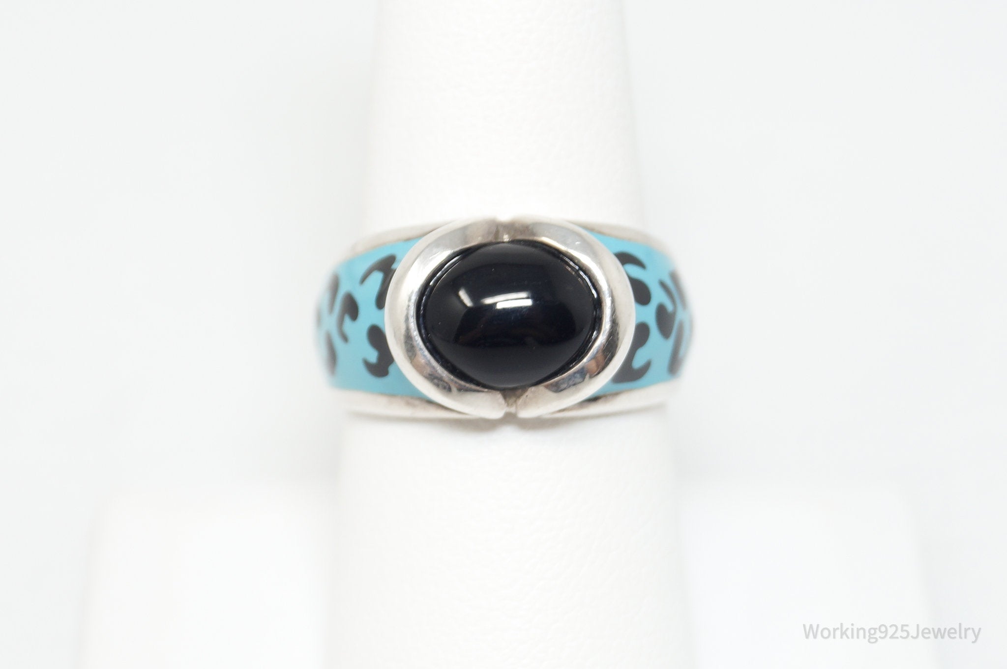 Vintage Onyx Robins Egg Blue & Black Enamel Print Sterling Silver Ring - Size 8