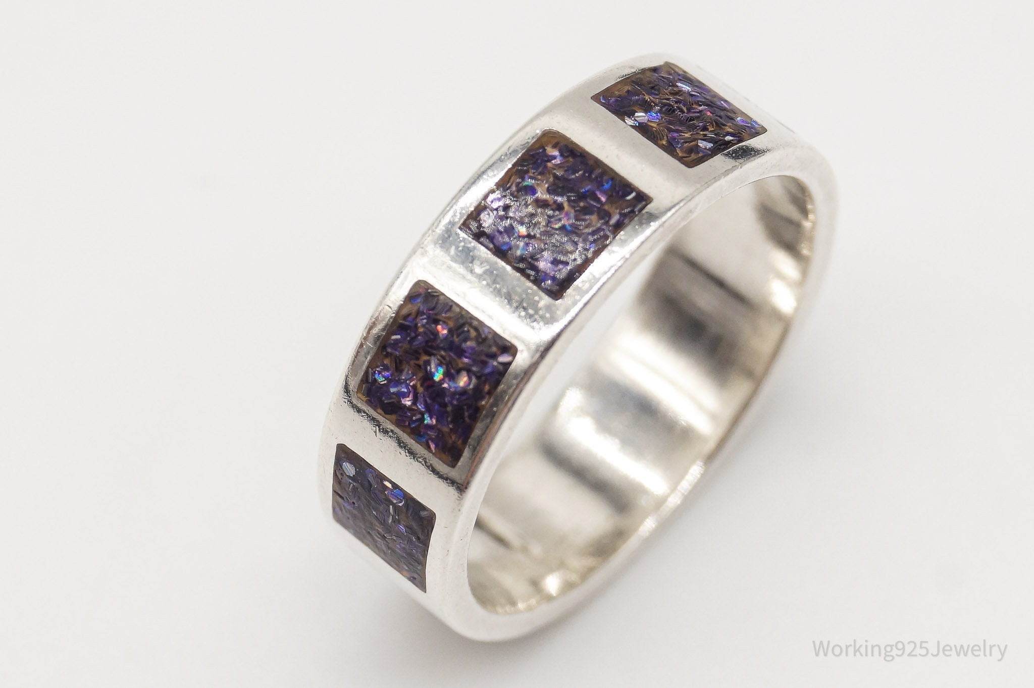 Vintage Mexico Modernist Sparkles Inlay Sterling Silver Band Ring - Size 7