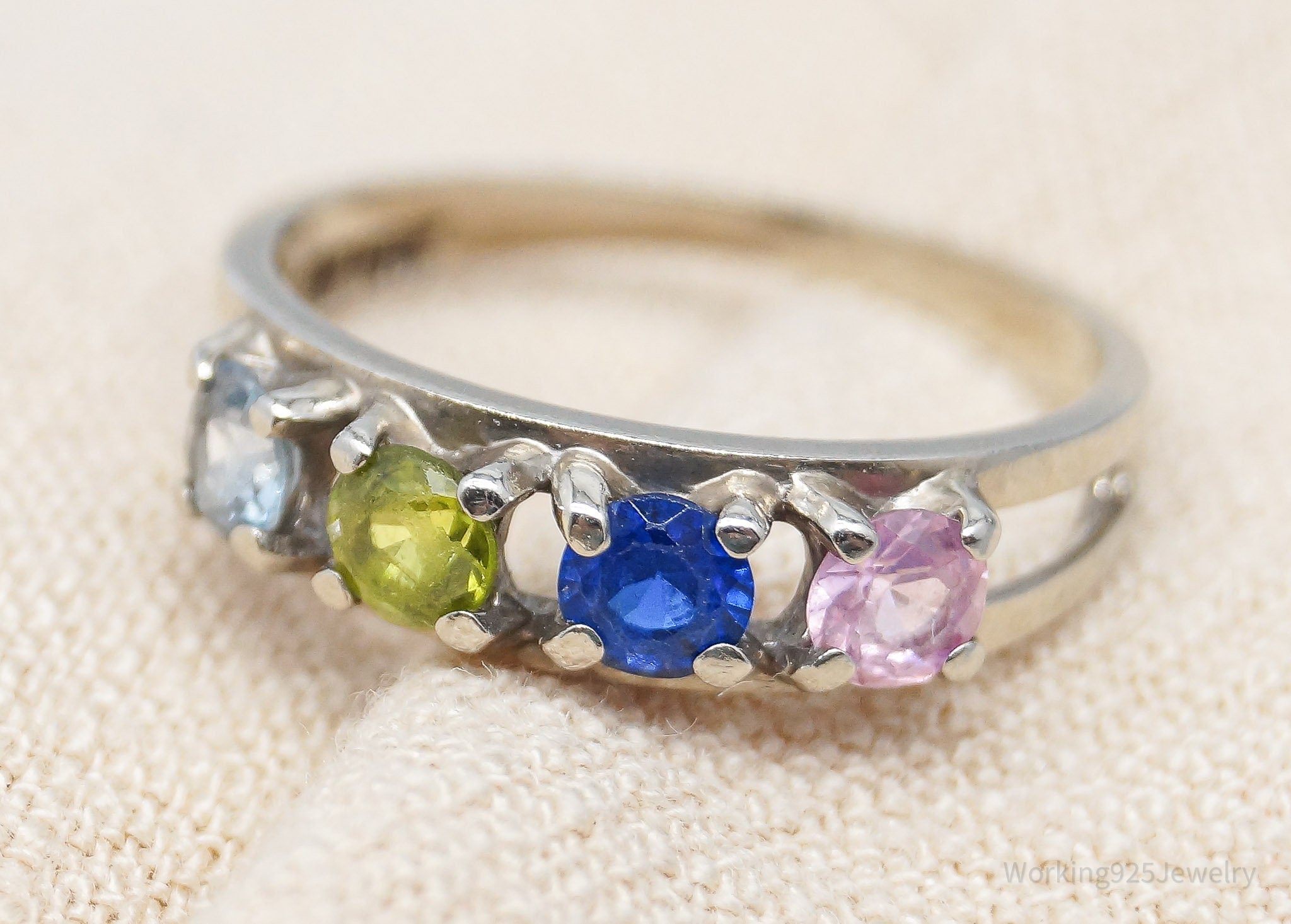 Vintage Mid Century Multi Gemstone 10K White Gold Ring - Size 6.75