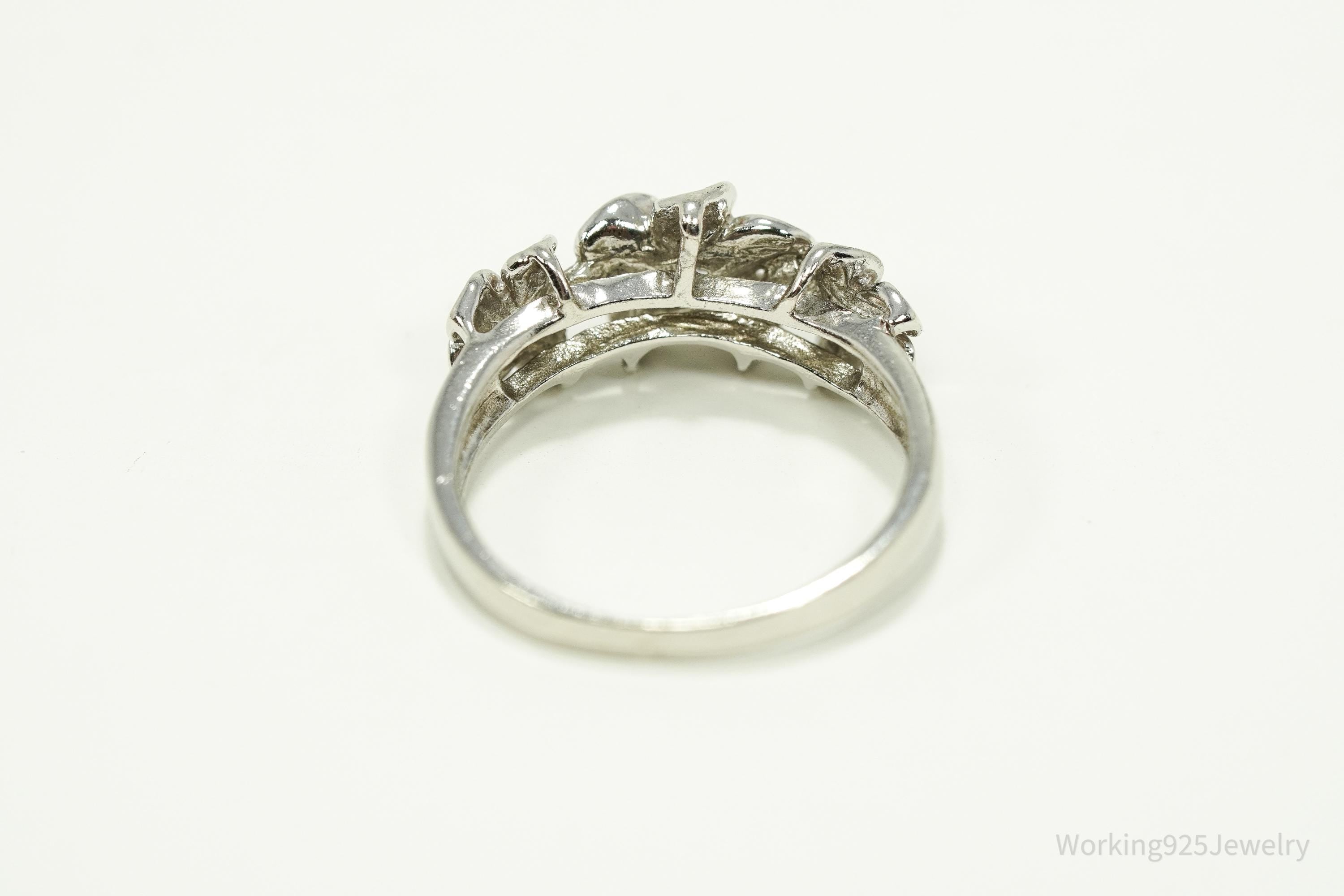 Vintage Cubic Zirconia Flowers Sterling Silver Ring - Size 6.75