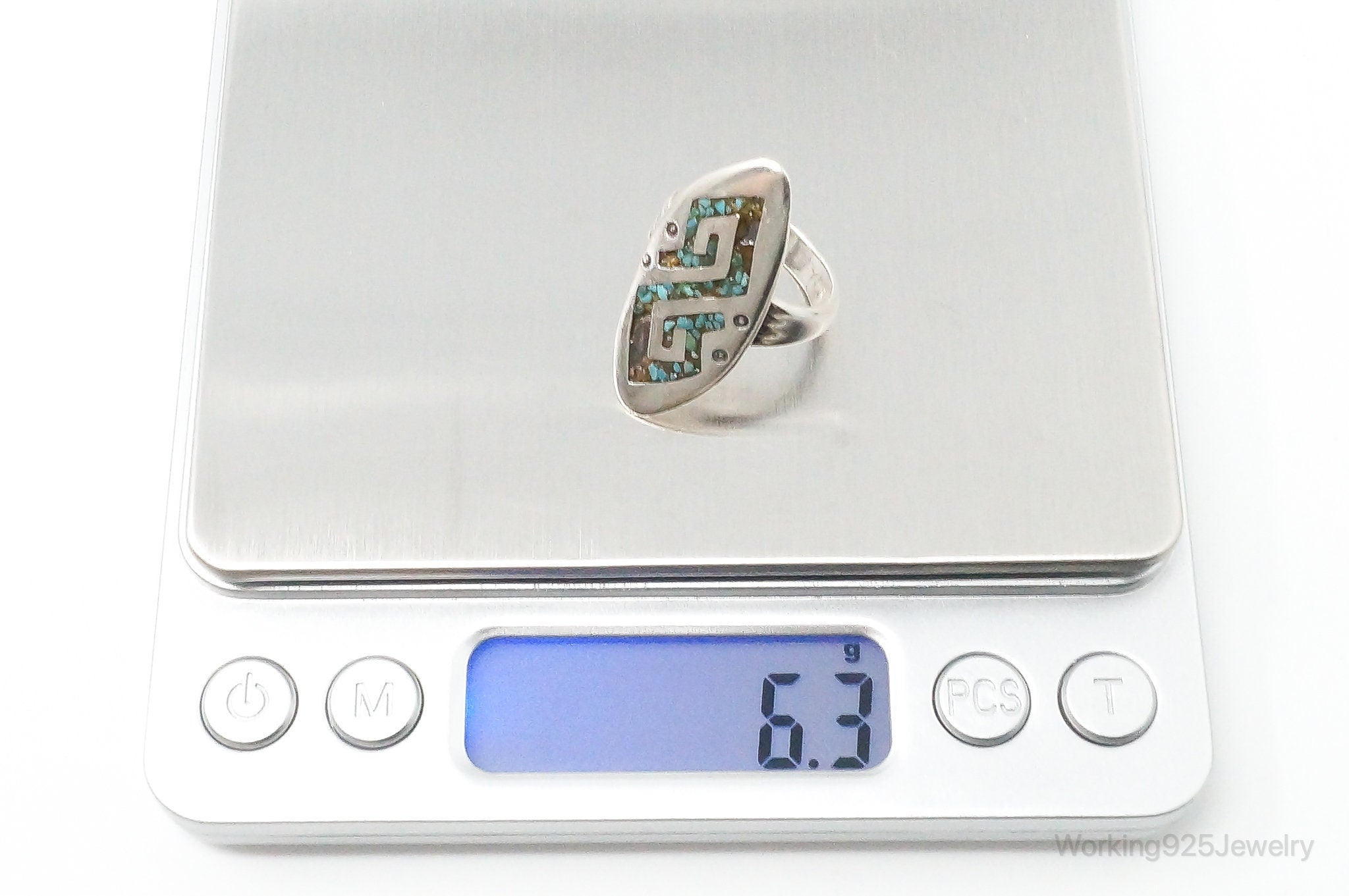 Vintage Native American Turquoise Inlay Unsigned Sterling Silver Ring - SZ 7