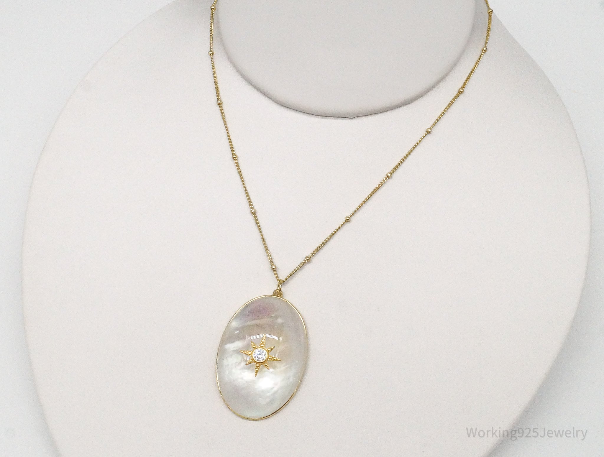 Cubic Zirconia Mother Of Pearl Gold Vermeil Sterling Silver Necklace 36"