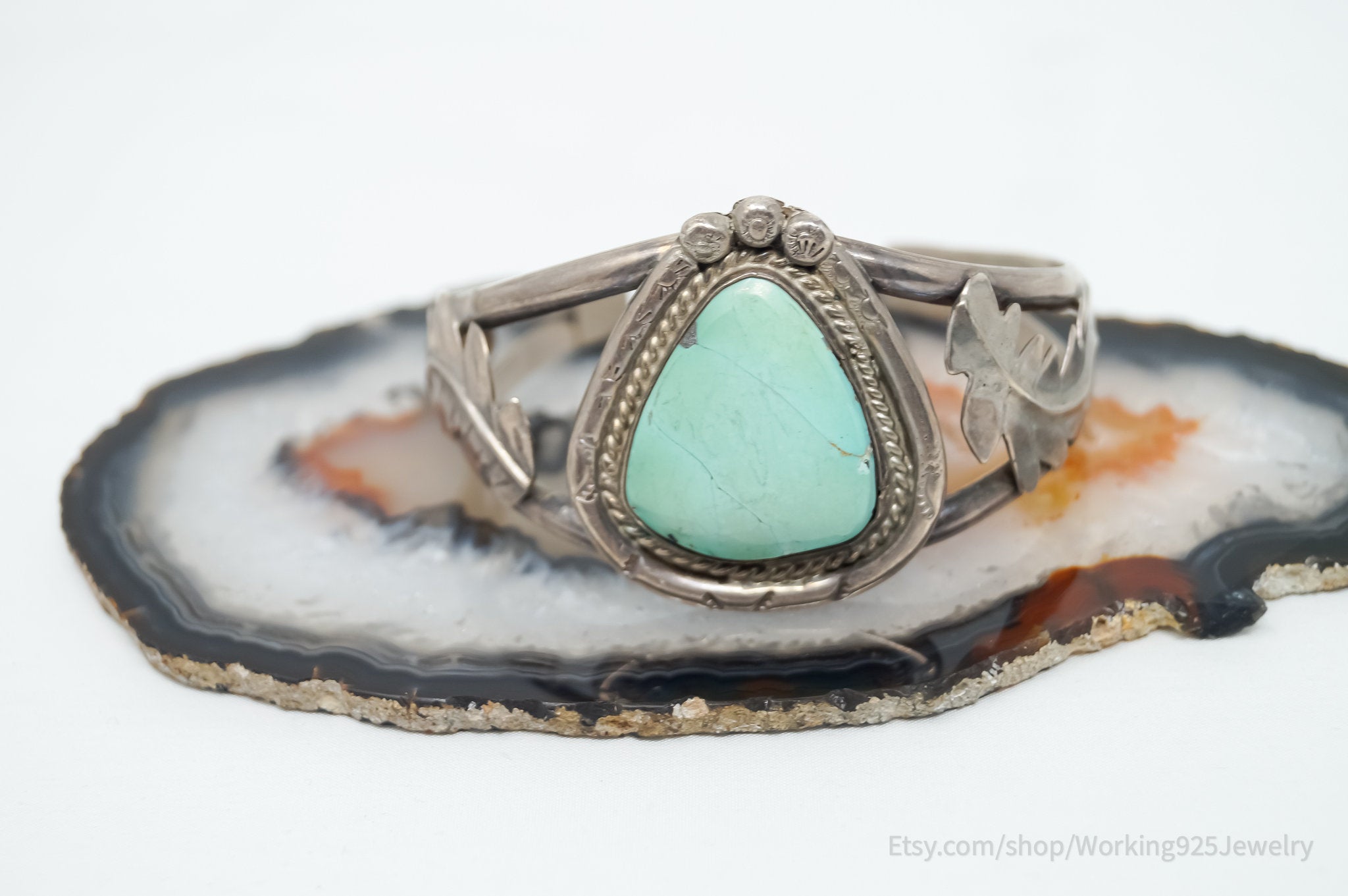 Vintage Native Handmade Unsigned Turquoise Sterling Silver Cuff Bracelet