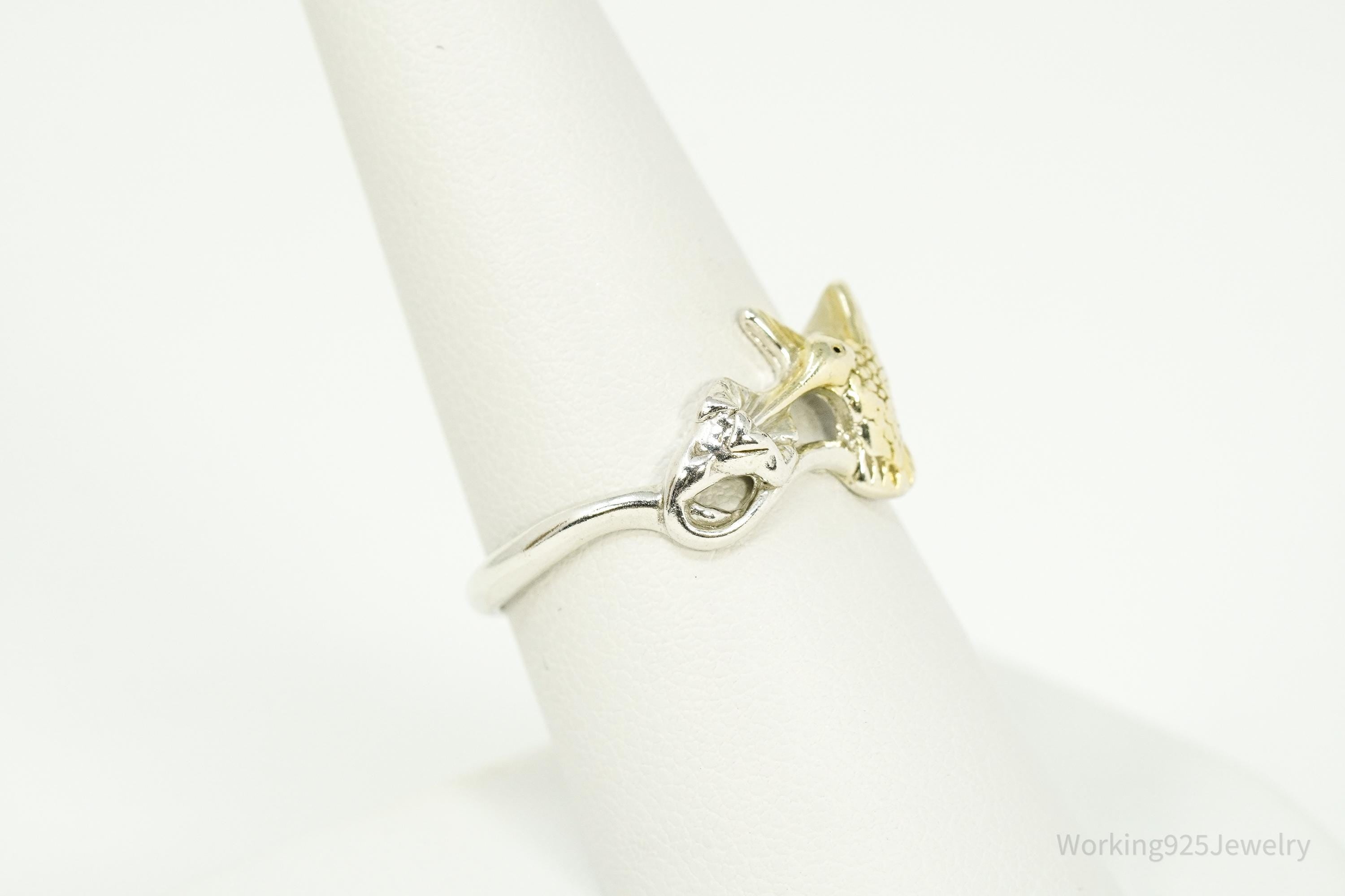 Vintage Gold Vermeil Sterling Silver Humming Bird & Flower Ring - Size 8.75