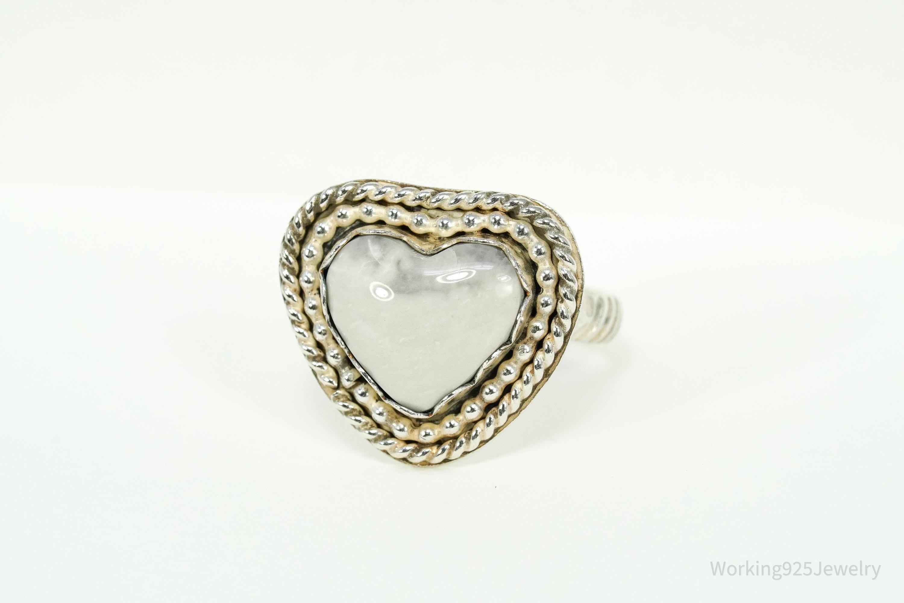 Vintage Native White Stone Heart Sterling Silver Ring - Size 8.75