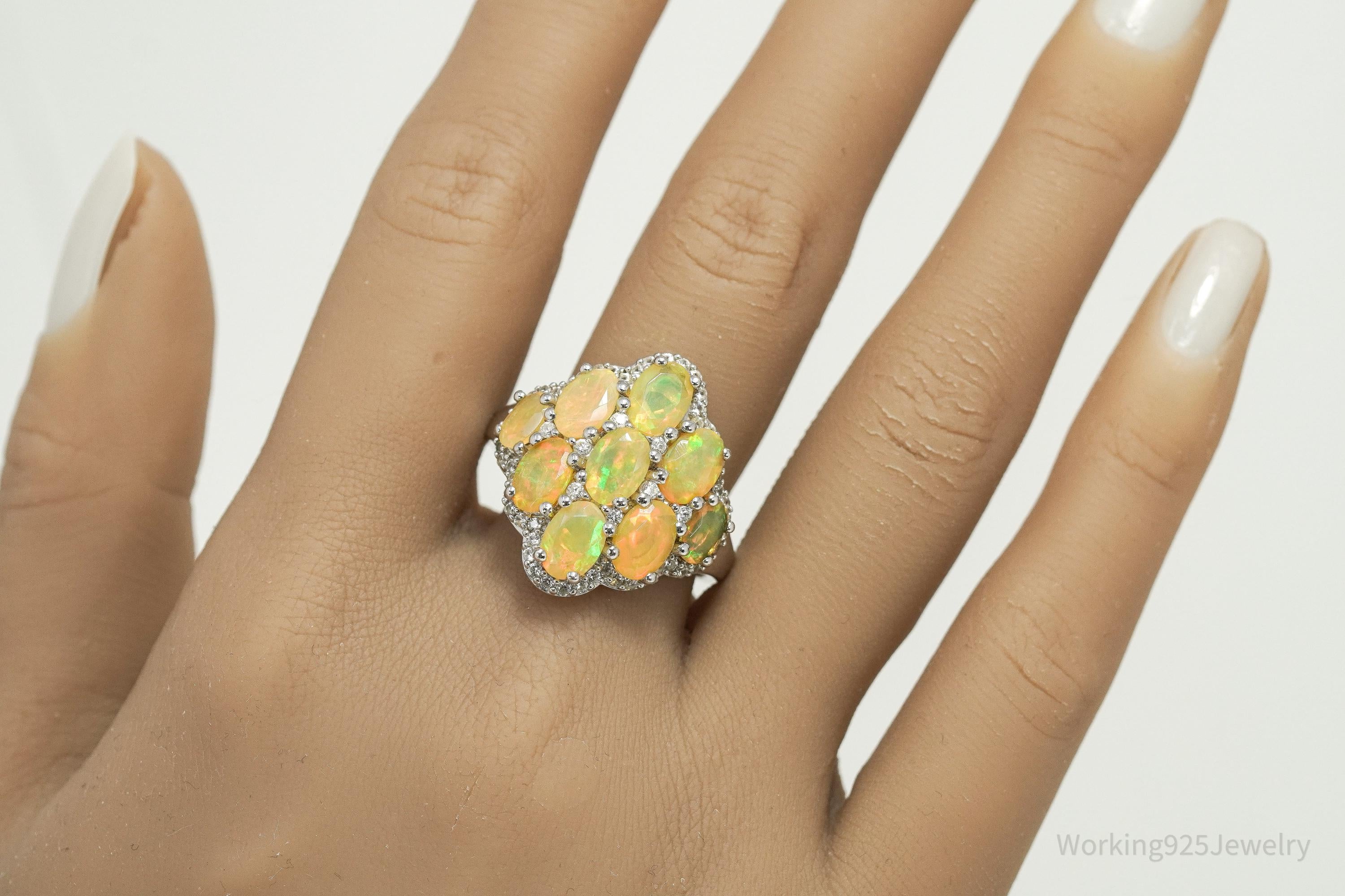 Opal & White Zircon Rhodium Sterling Silver Cocktail Ring Size 11.75