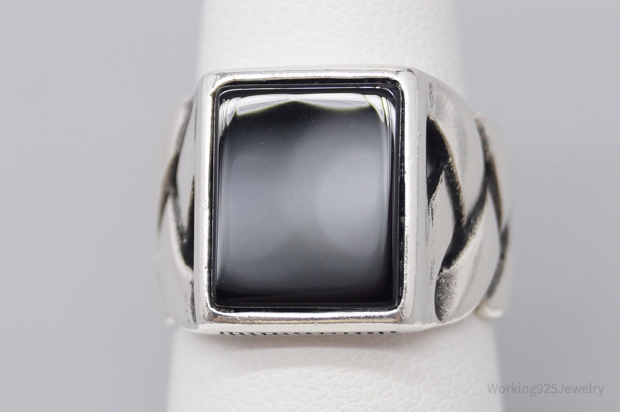 Vintage Black Onyx Weave Braid Style Sterling Silver Ring - Size 7