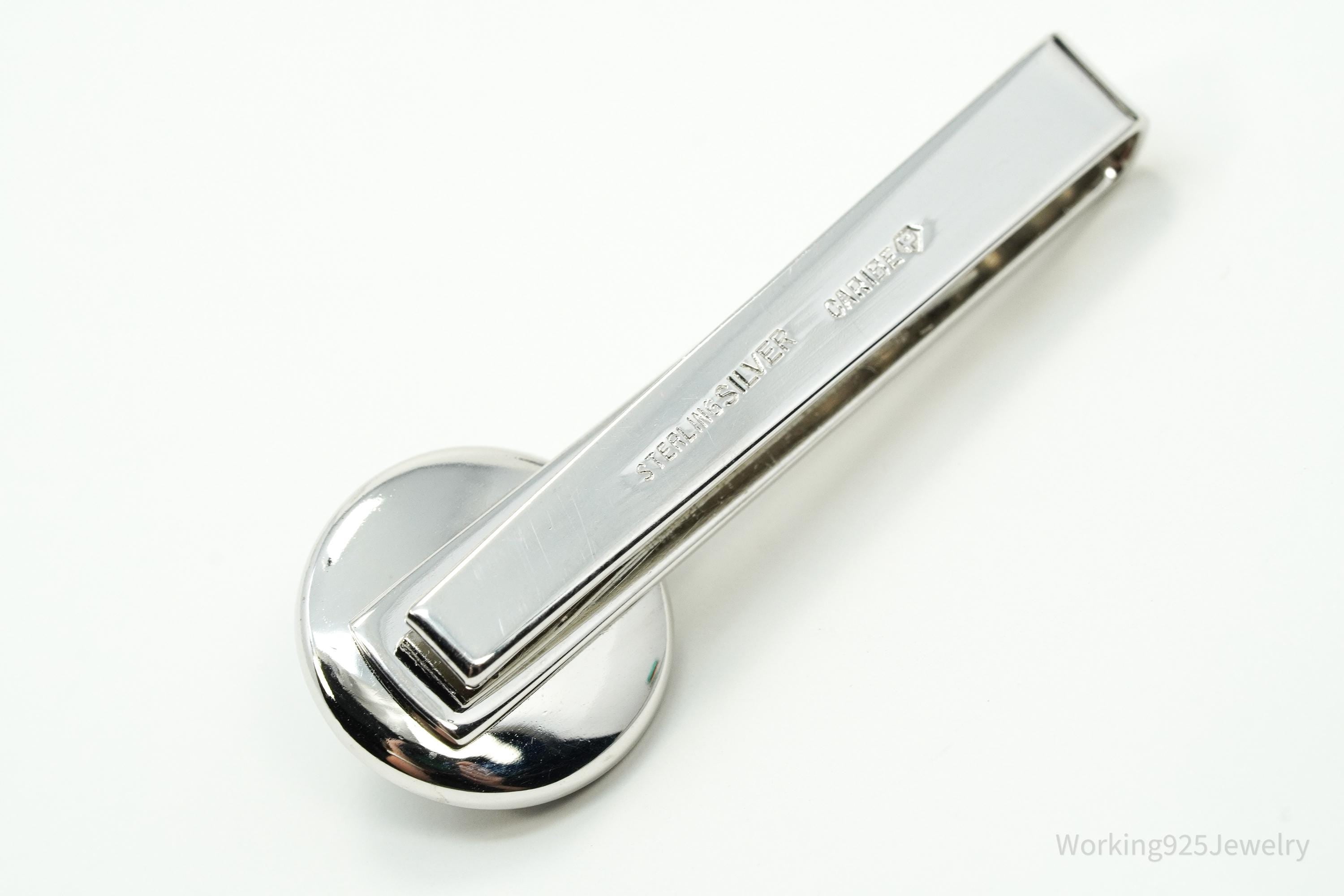 Vintage Designer CARIBE Pearl & Onxy Sterling Silver Tie Bar Clip