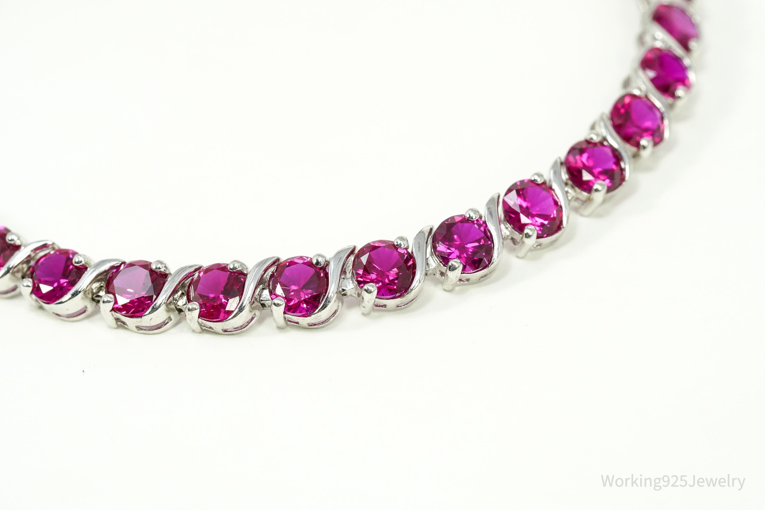 Vintage Lab Treated Ruby Sterling Silver Tennis Bracelet 7 5/8"