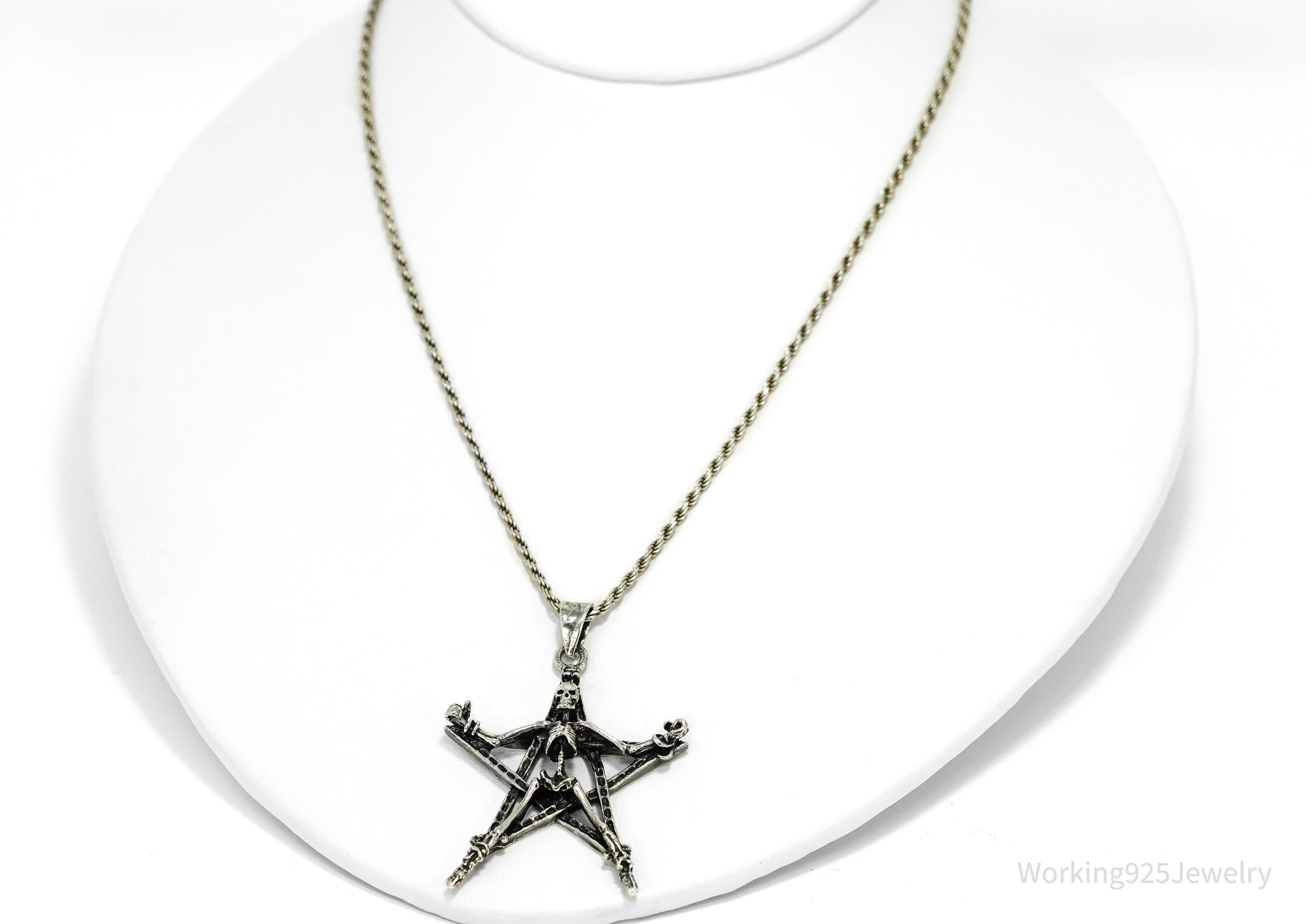 Vintage Skeleton Pentagram Sterling Silver Necklace 20"