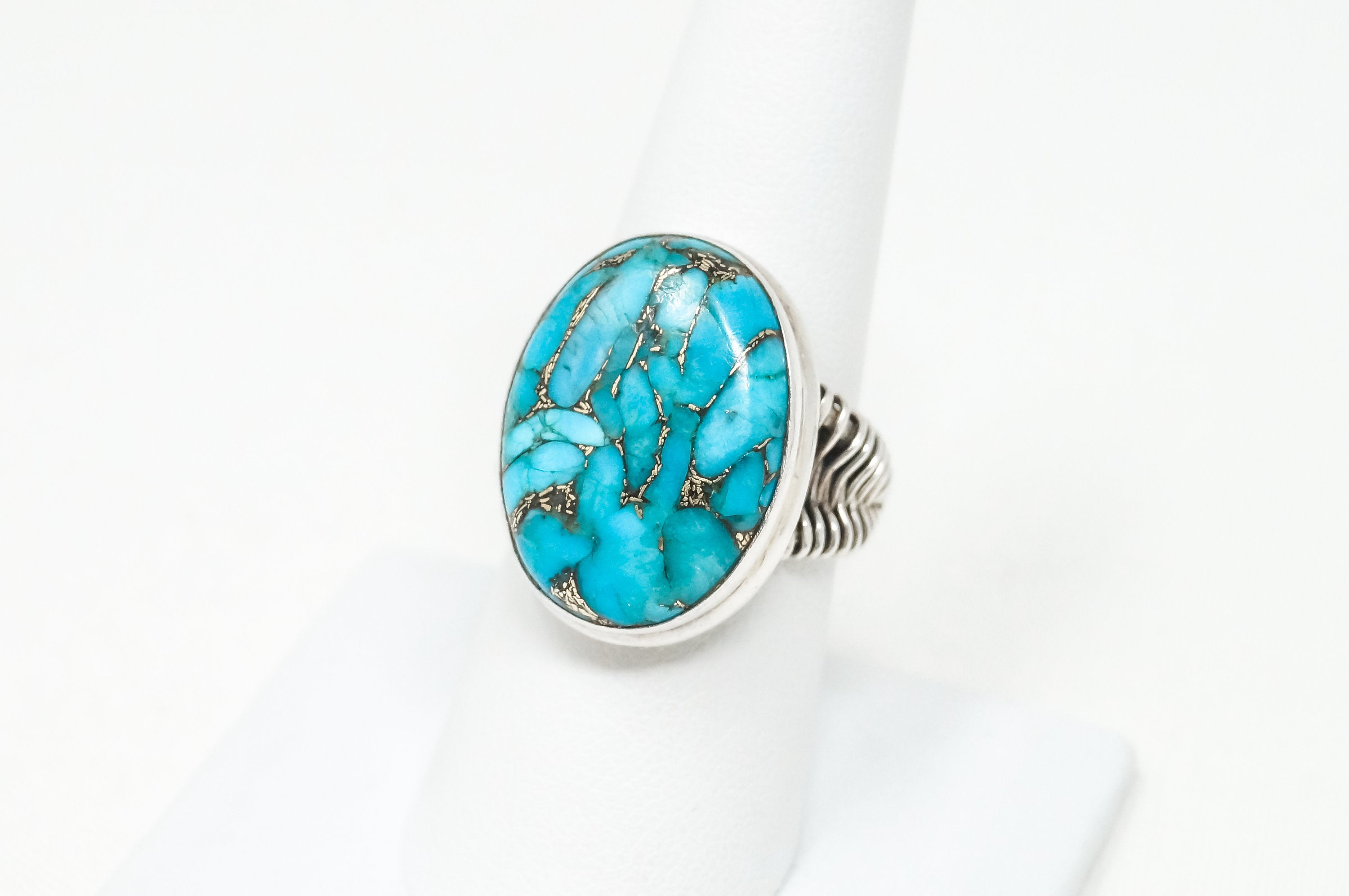 Vintage Large Turquoise Wire Wrap Design Sterling Silver Ring Sz 7.5 - 797300593