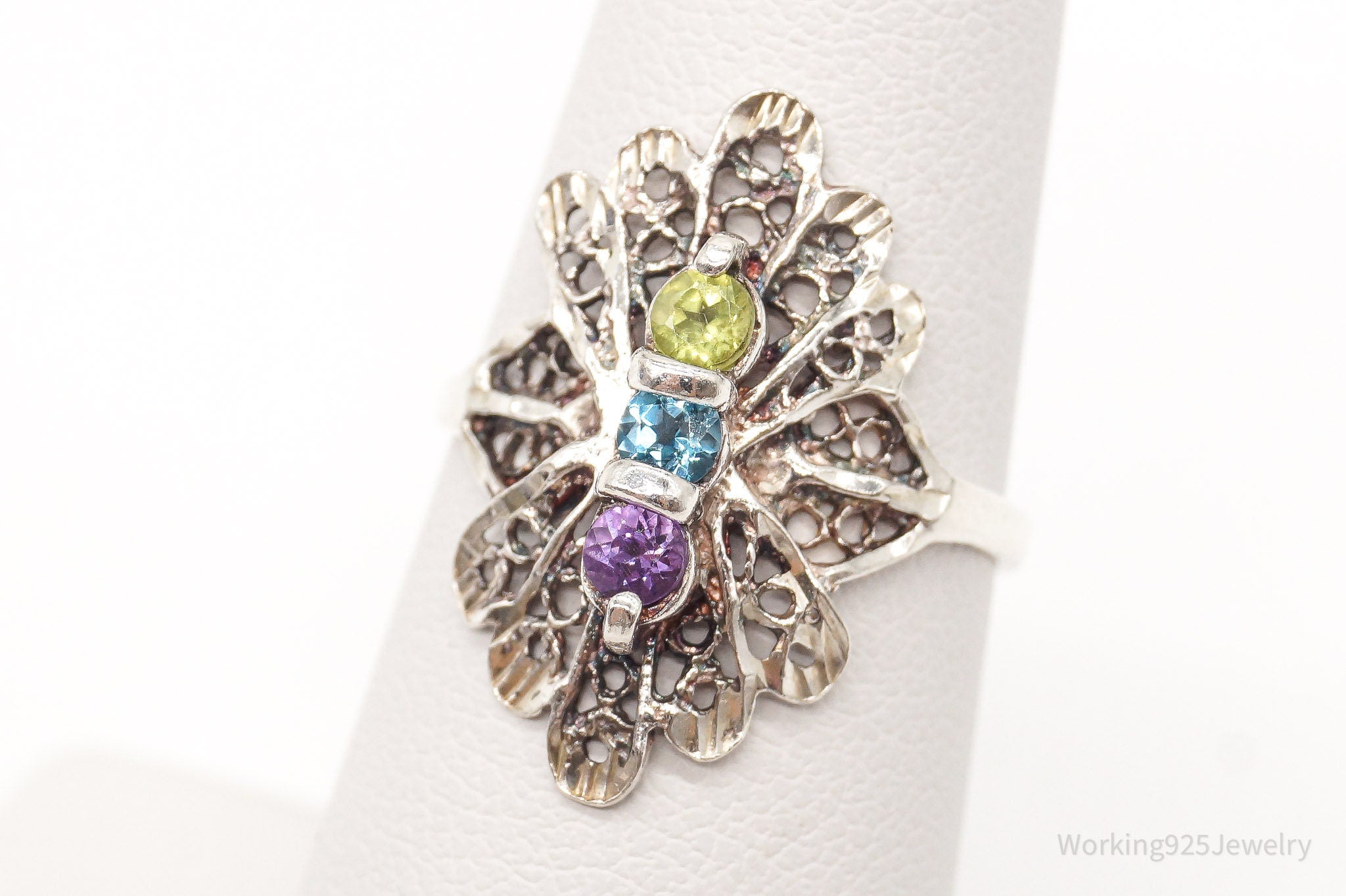 Vintage Peridot Blue Topaz Amethyst Sterling Silver Ring - Size 6