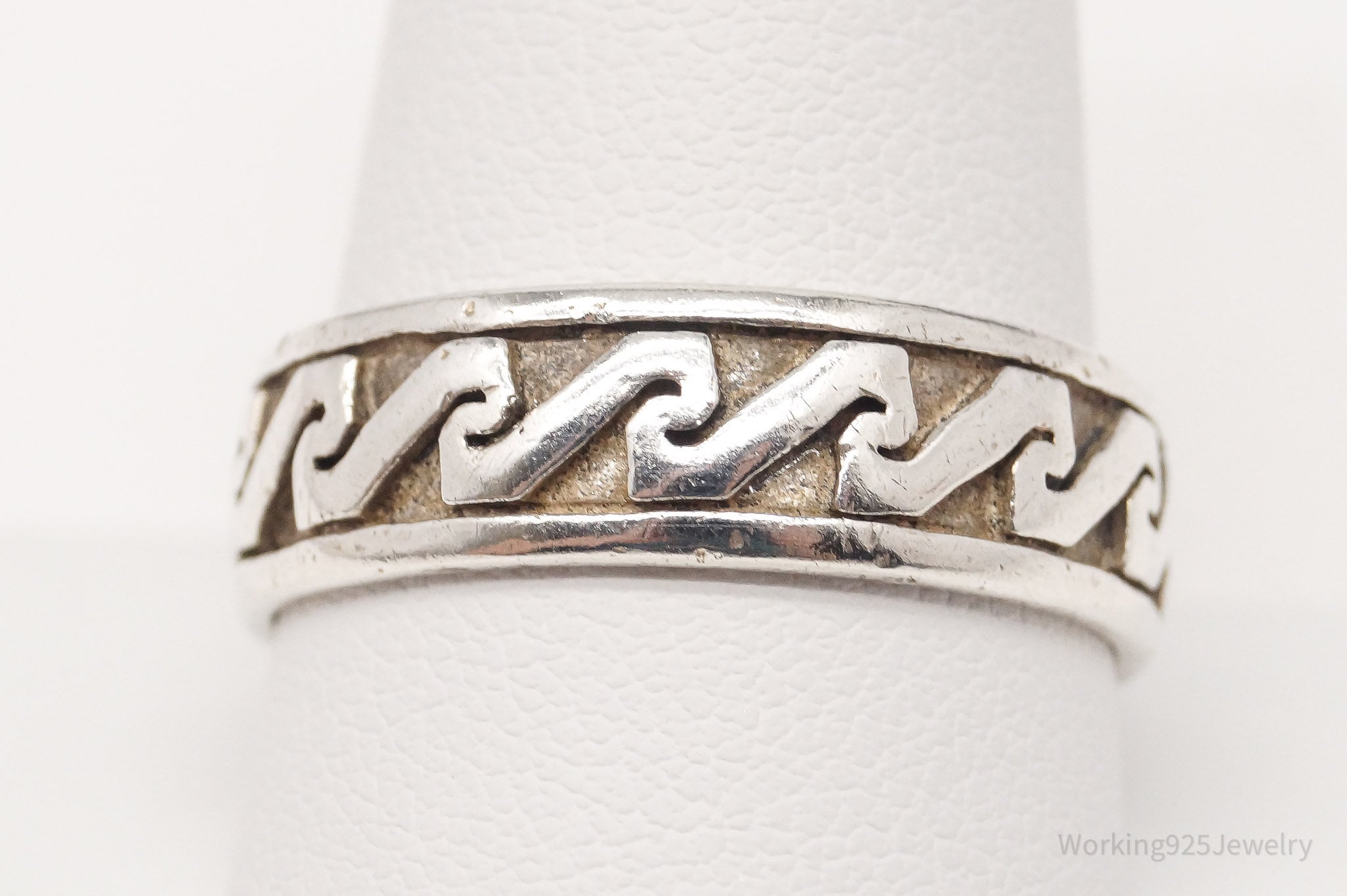 Vintage Aztec Motif Sterling Silver Band Ring - Size 10.75