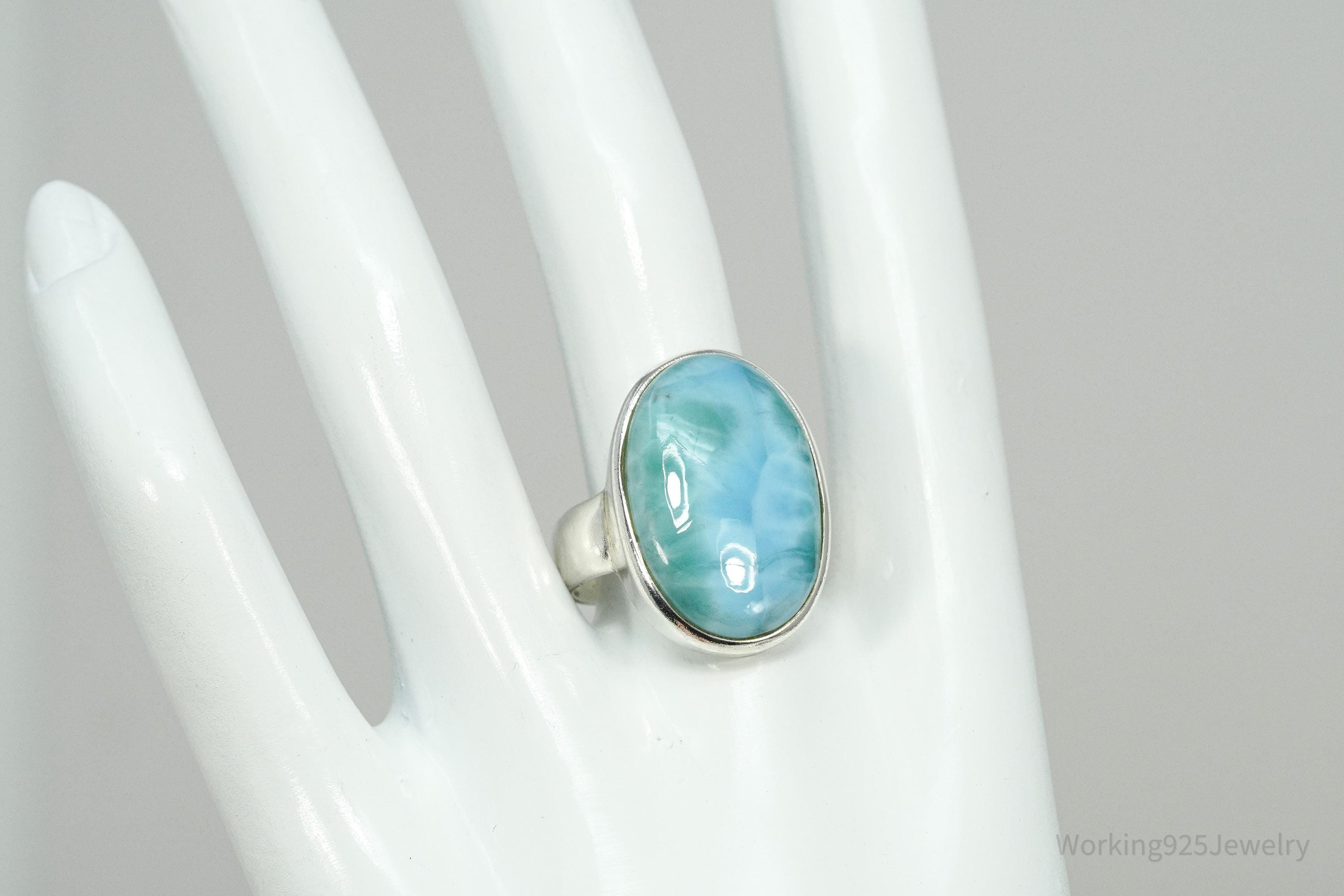 Vintage Large Blue Larimar Sterling Silver Ring - Size 9