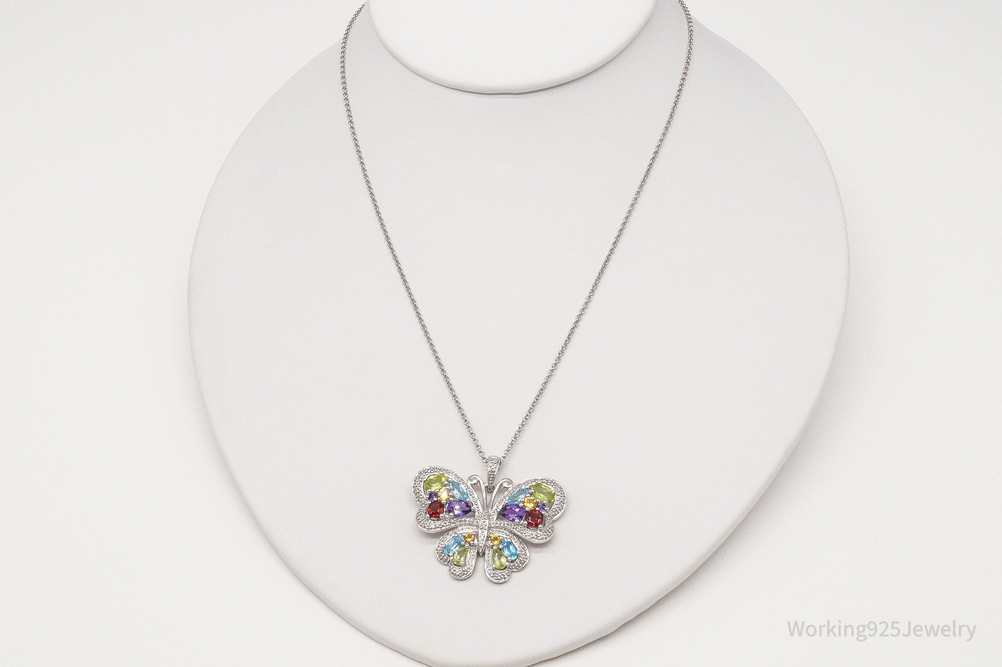 Vintage EA Multi Gemstone Butterfly Sterling Silver Necklace 23"