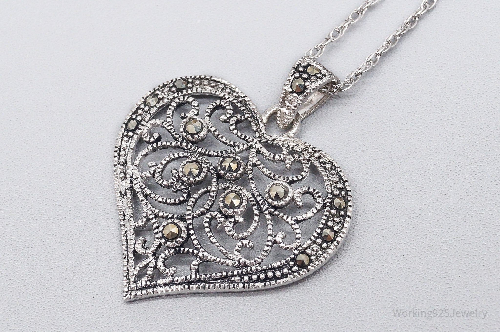 Vintage Ornate Marcasite Heart Sterling Silver Necklace 30"