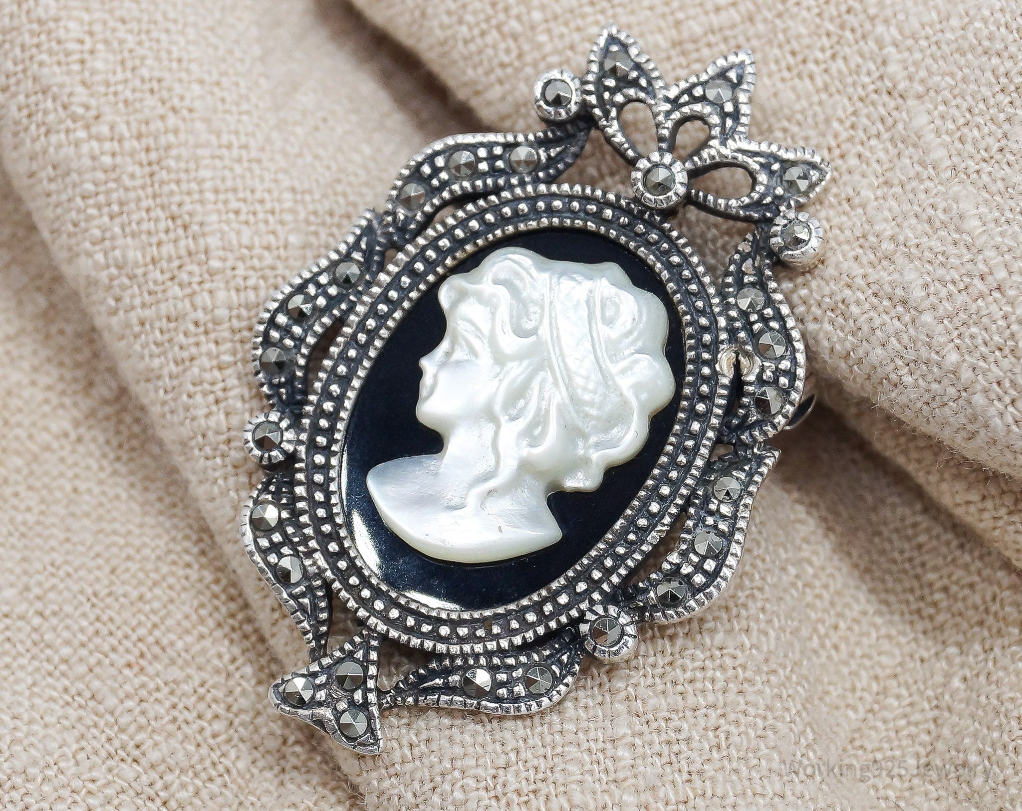 VTG Carved Cameo Mother Of Pearl Marcasite Black Onyx Sterling Silver Pendant Pin