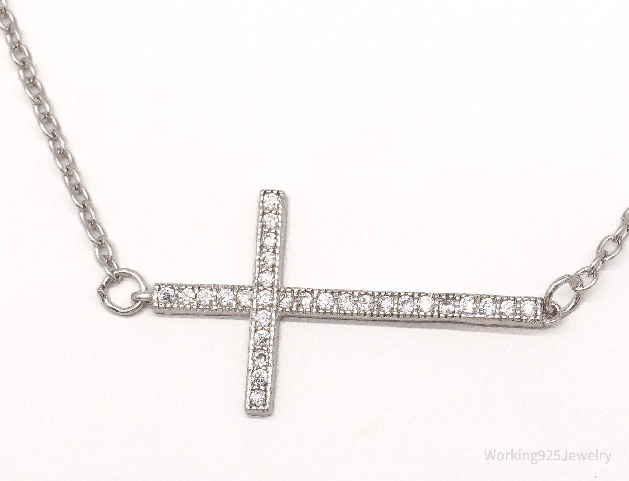 Vintage Cubic Zirconia Cross Sterling Silver Necklace 18"