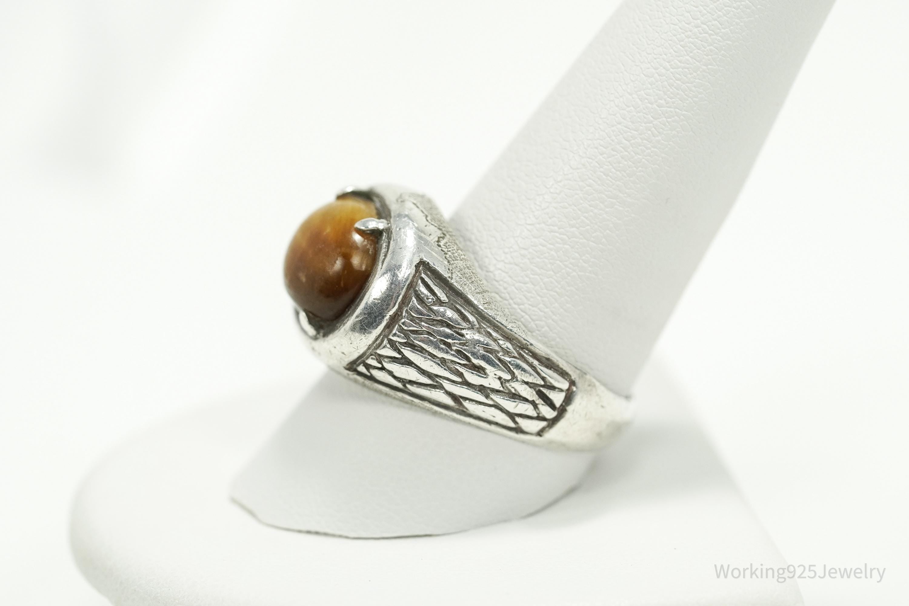 Vintage Native American Tigers Eye Unsigned Silver Ring - Size 10.5