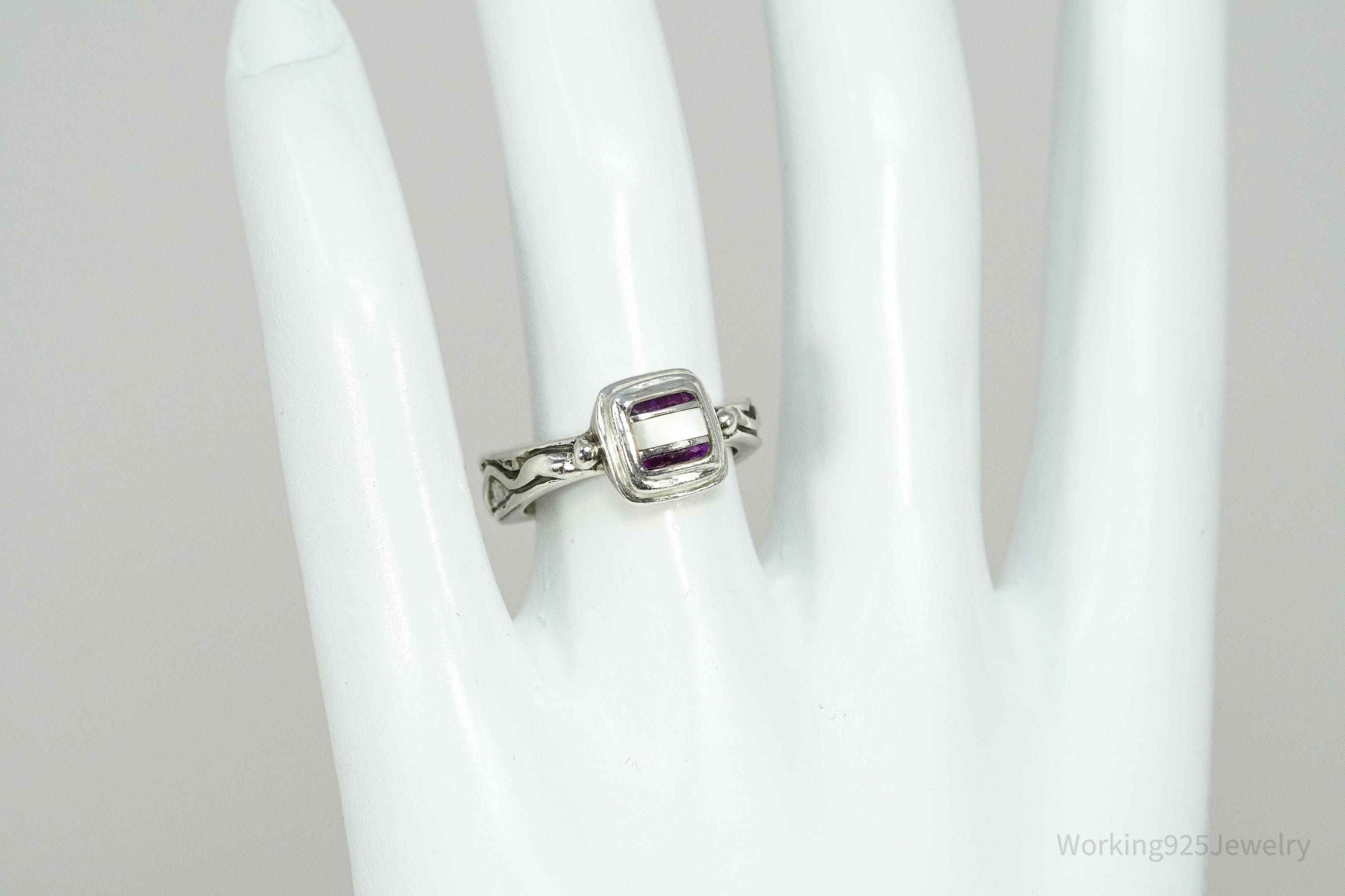 Vintage DeSantis Jewelry Co Mother Of Pearl & Charoite Inlay Sterling Silver Ring - Size 5.75