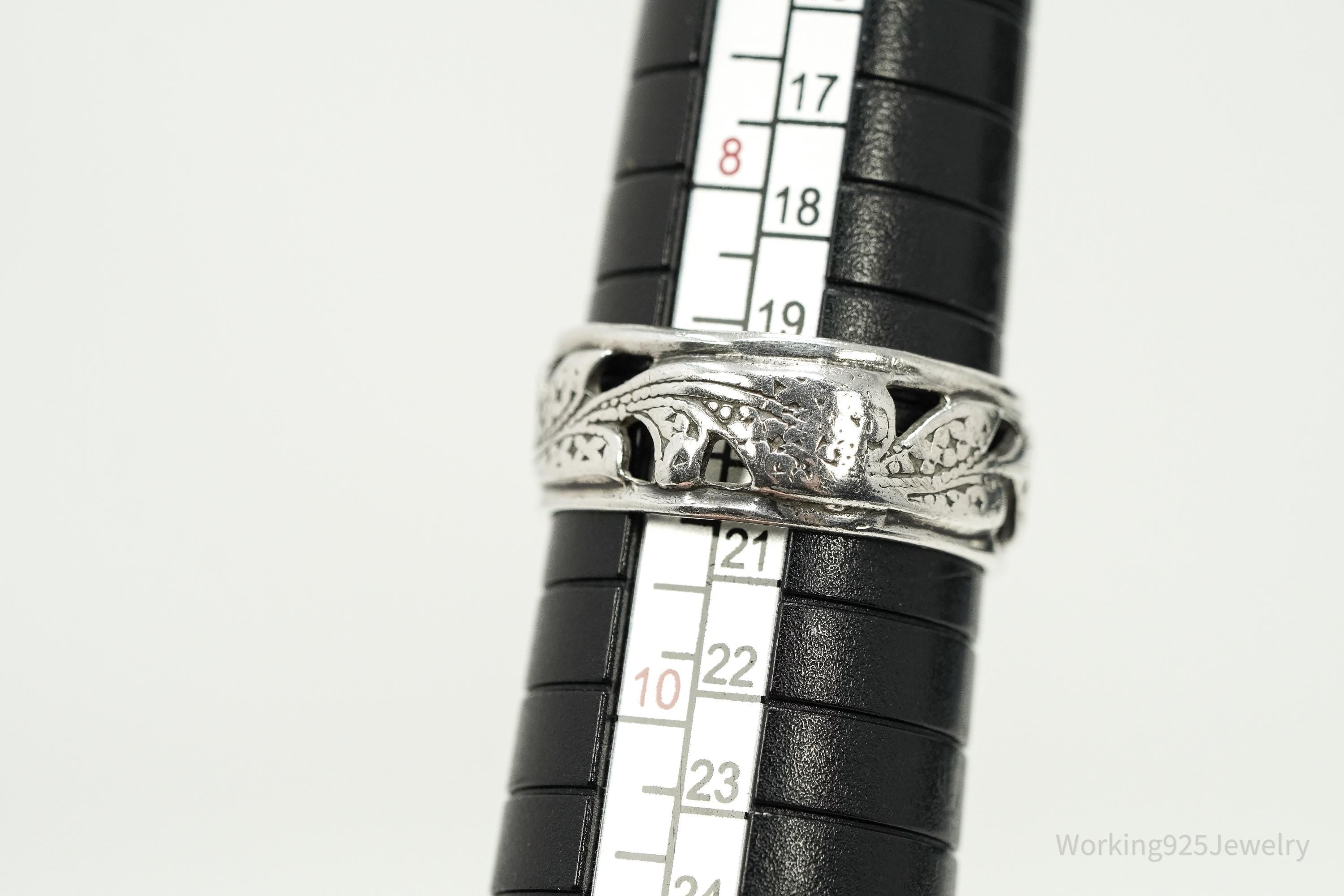 Antique Floral Pattern Sterling Silver Band Ring - Size 9.25
