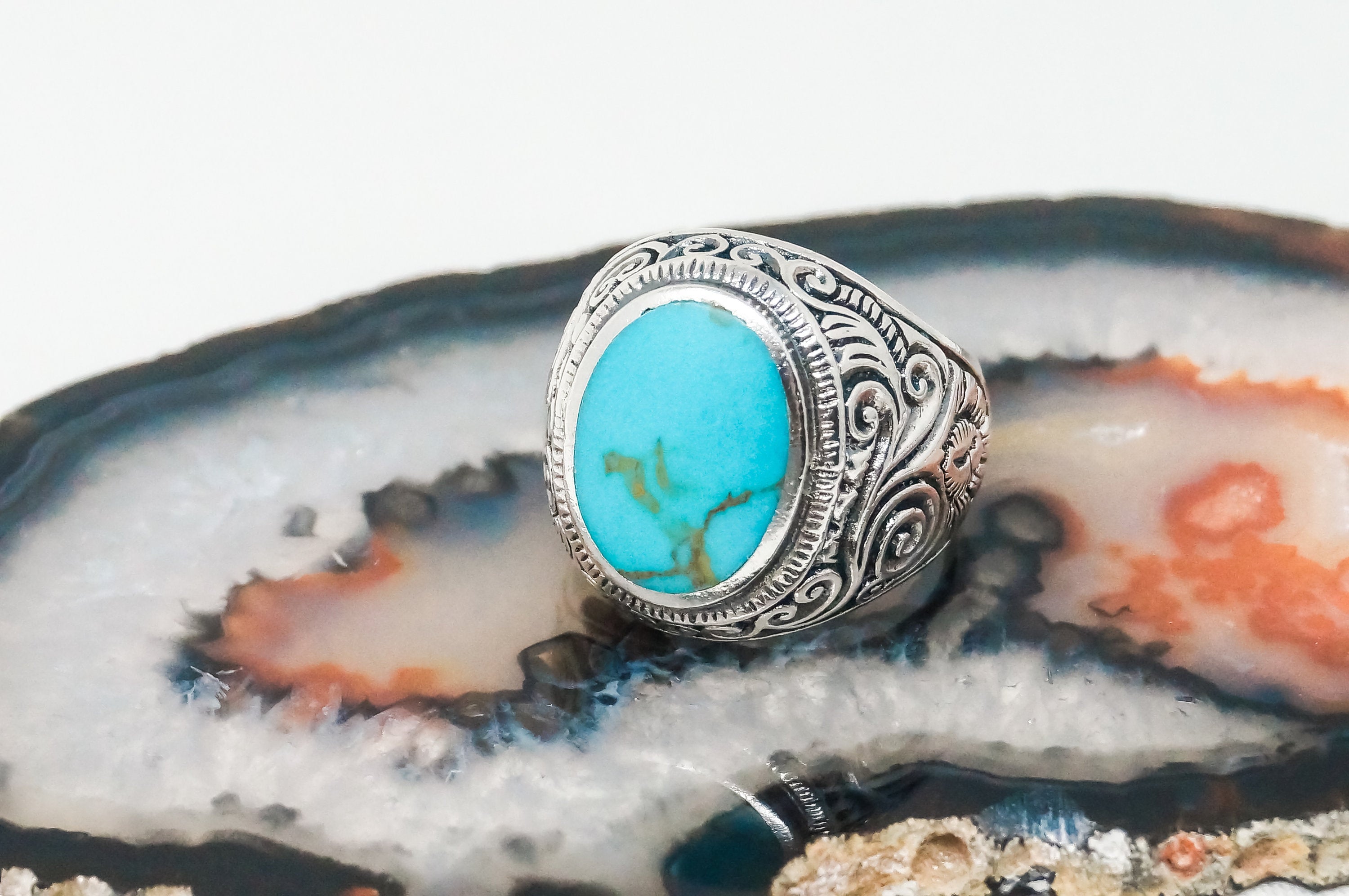 Vintage Large Turquoise Etched Scroll Design Sterling Silver Ring - Sz 10