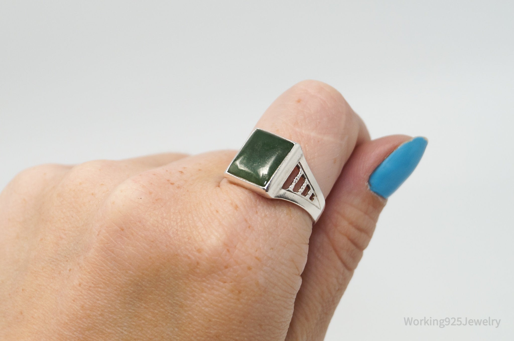 Vtg Designer SOLAR Green Onyx Southwestern Sterling Silver Ring - Sz 11.25