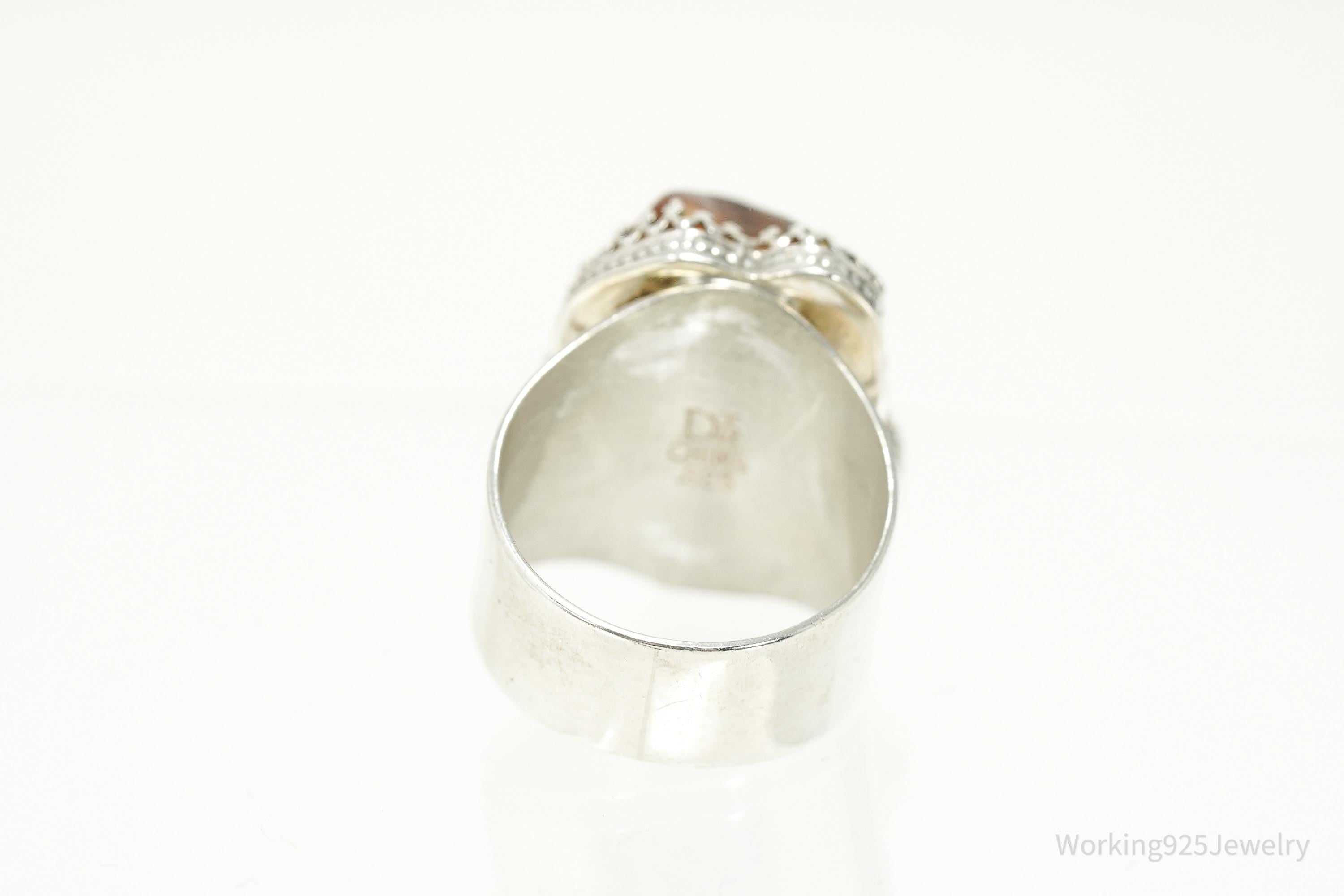 Vintage Jay King Mine Finds Sterling Silver Amber Statement Ring Size 11