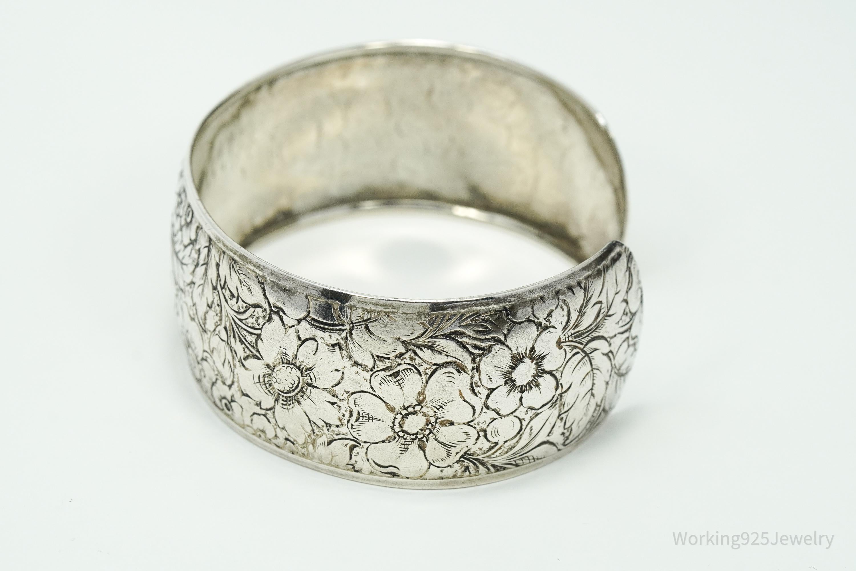 Antique Art Nouveau Floral Pattern Sterling Silver Cuff Bracelet - 7.5"