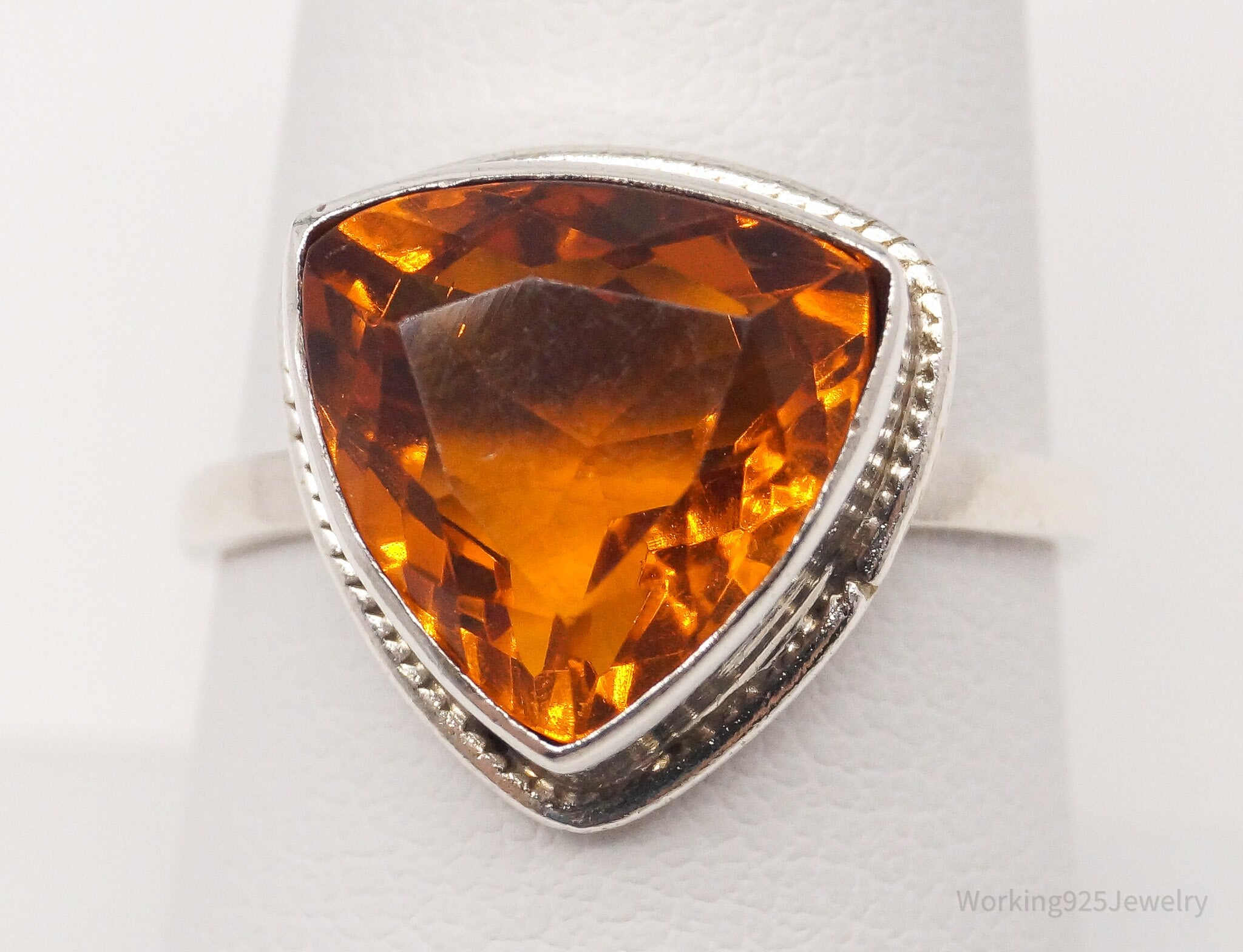 Vintage Large Orange Gemstone Sterling Silver Ring - Size 8.25