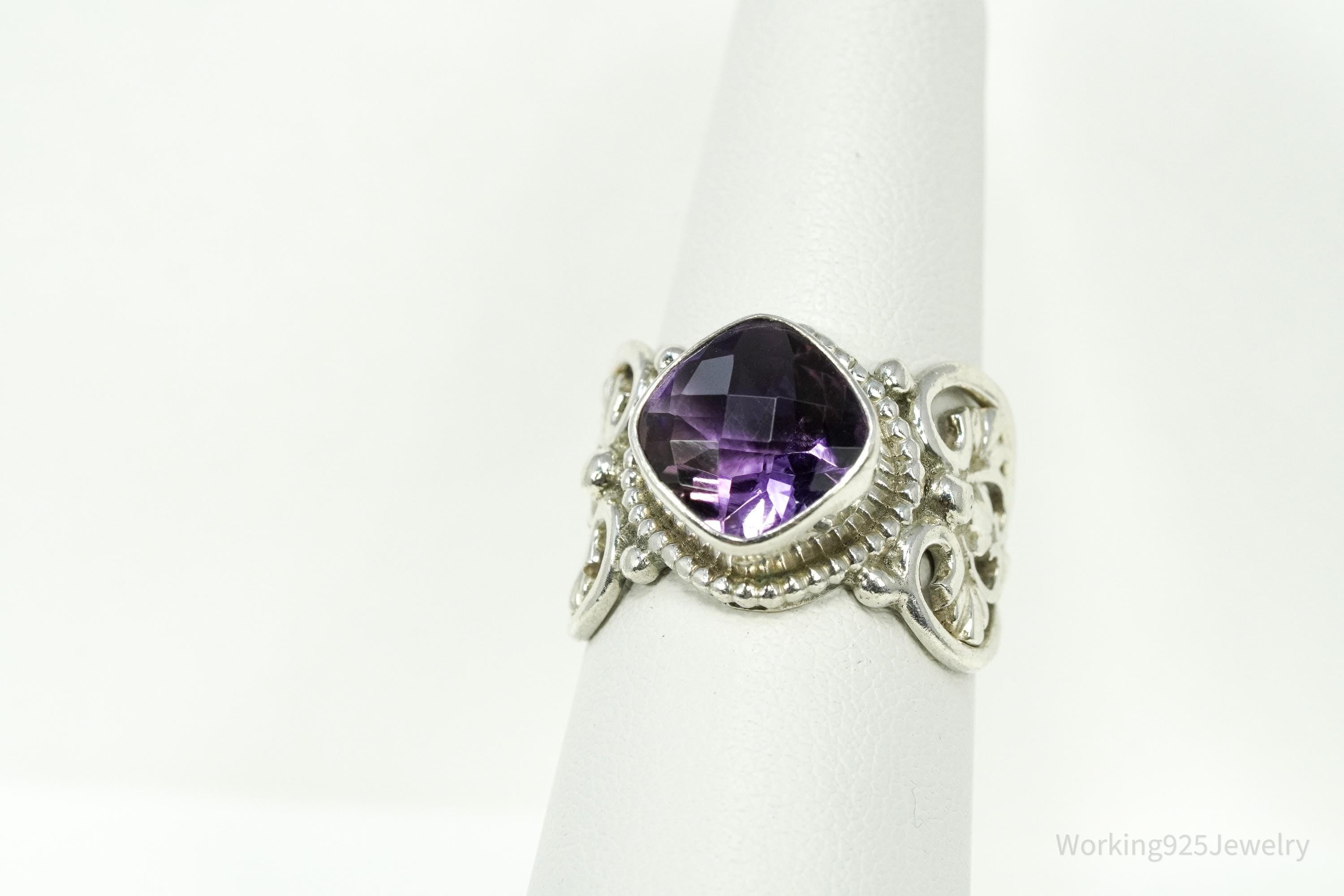 Vintage Nepal Purple Amethyst Sterling Silver Ring Size 7