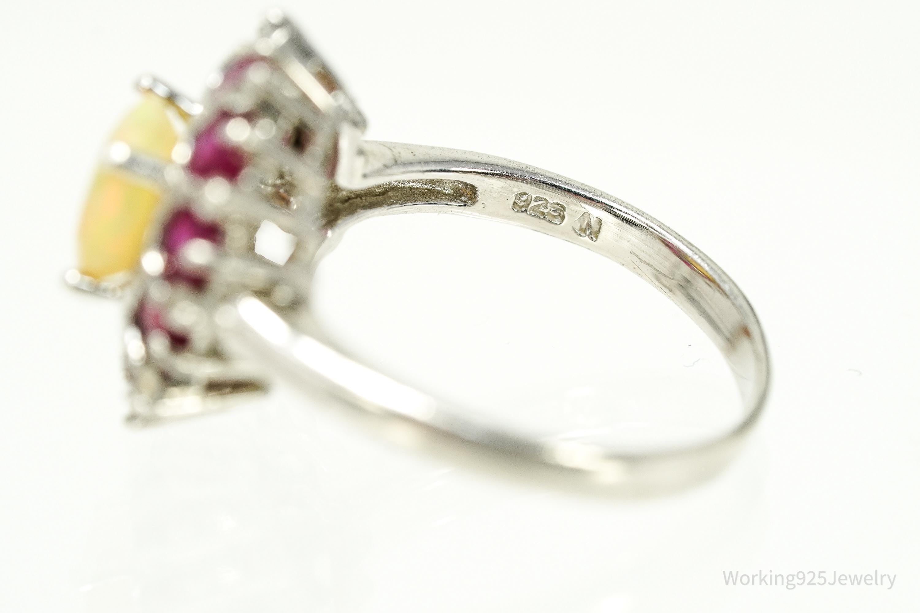 Vintage Ethiopian Opal & Ruby Sterling Silver Ring - Size 7