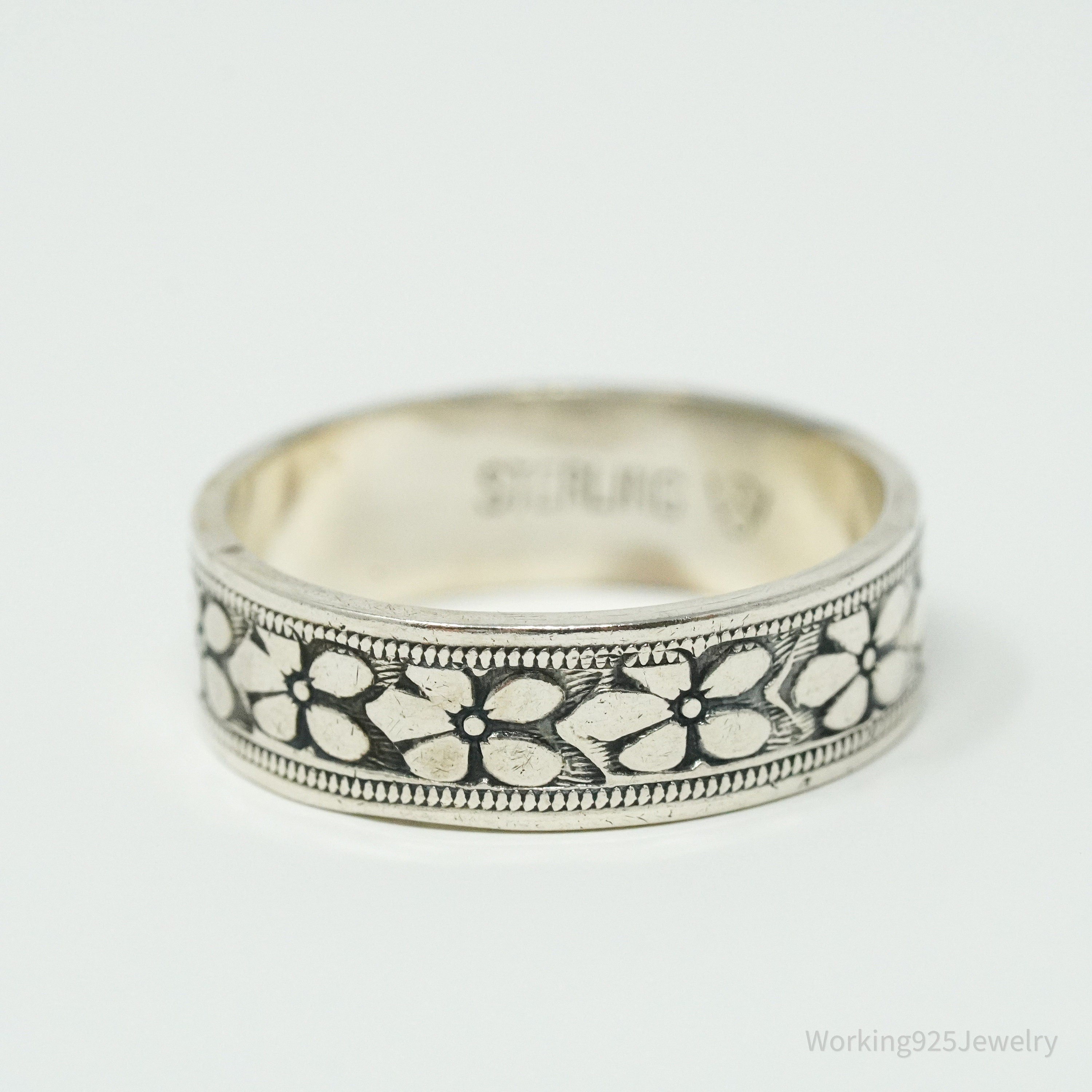 Antique Flowers Pattern Sterling Silver Band Ring - Size 6.75