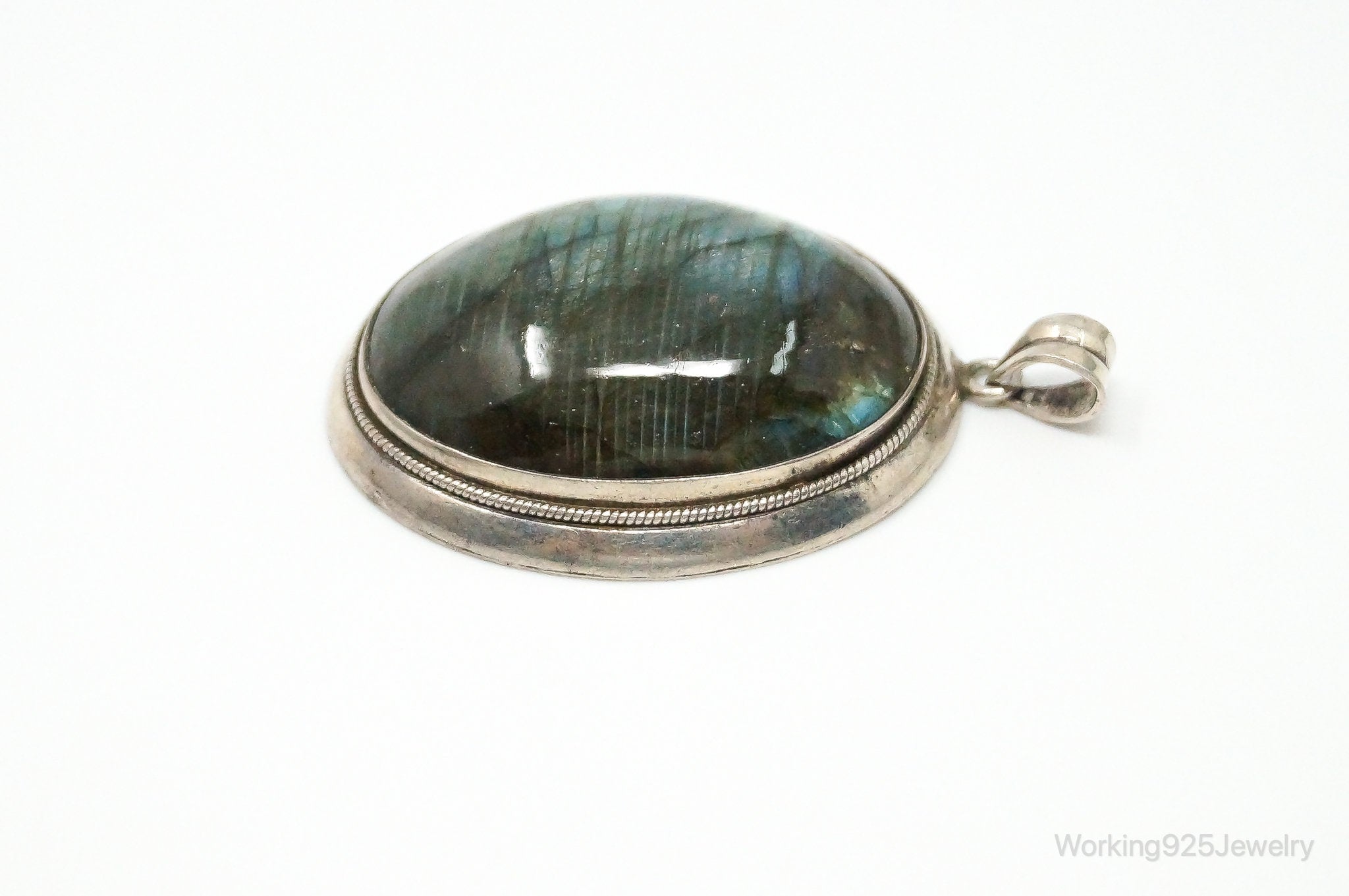 Vintage Large Labradorite Sterling Silver Necklace Pendant