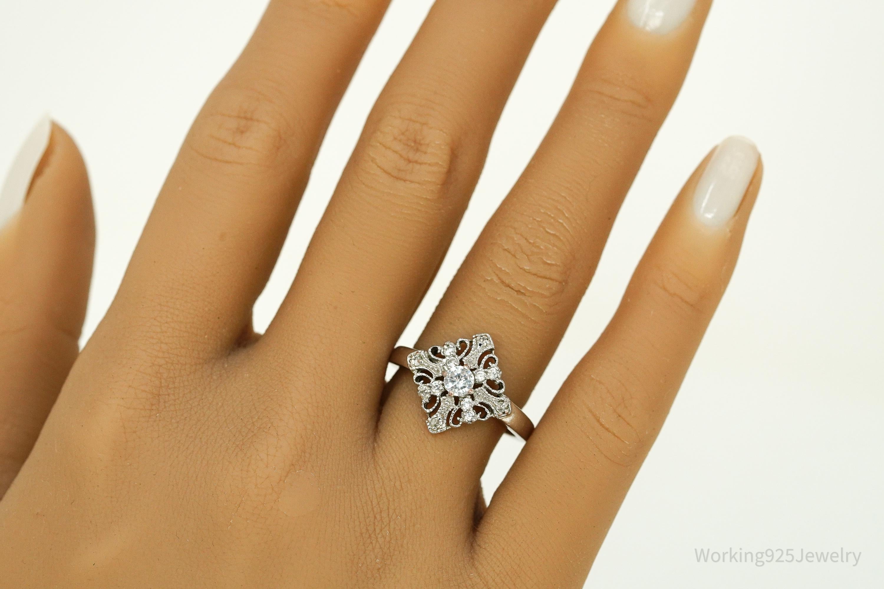 Vintage Faux Diamond Sterling Silver Plated Ring - Size 8.25