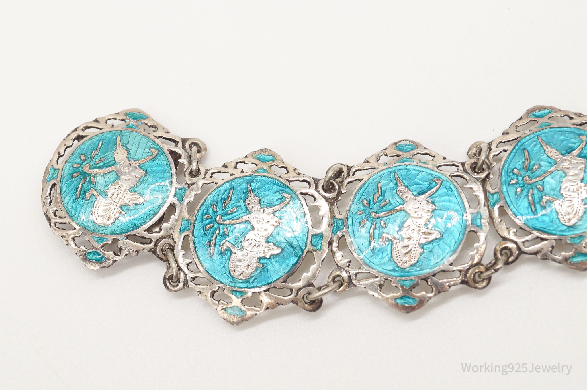 Vintage SIAM Blue Enamel Goddess Lightening Dancers Sterling Silver Bracelet