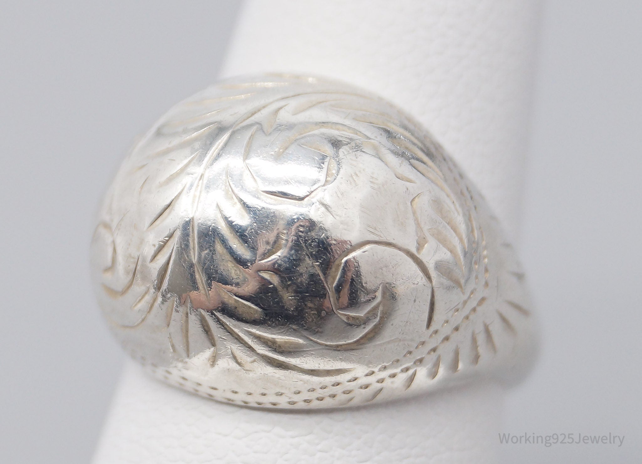 Vintage Floral Swirl Etched Sterling Silver Dome Ring - Size 6