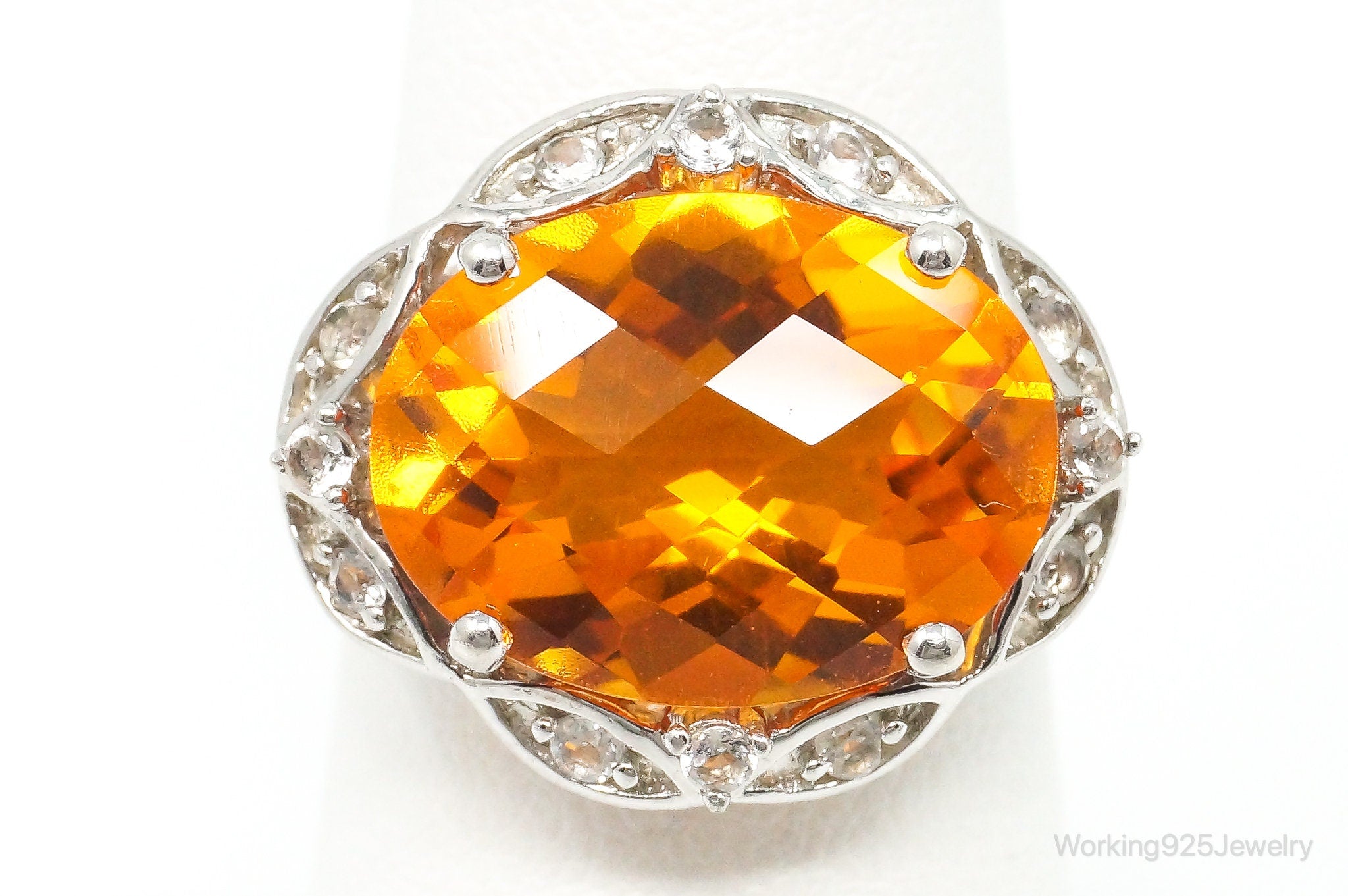 Vintage Oval Checkerboard Cut Orange Glass & CZ Sterling Silver Ring Size 7.25