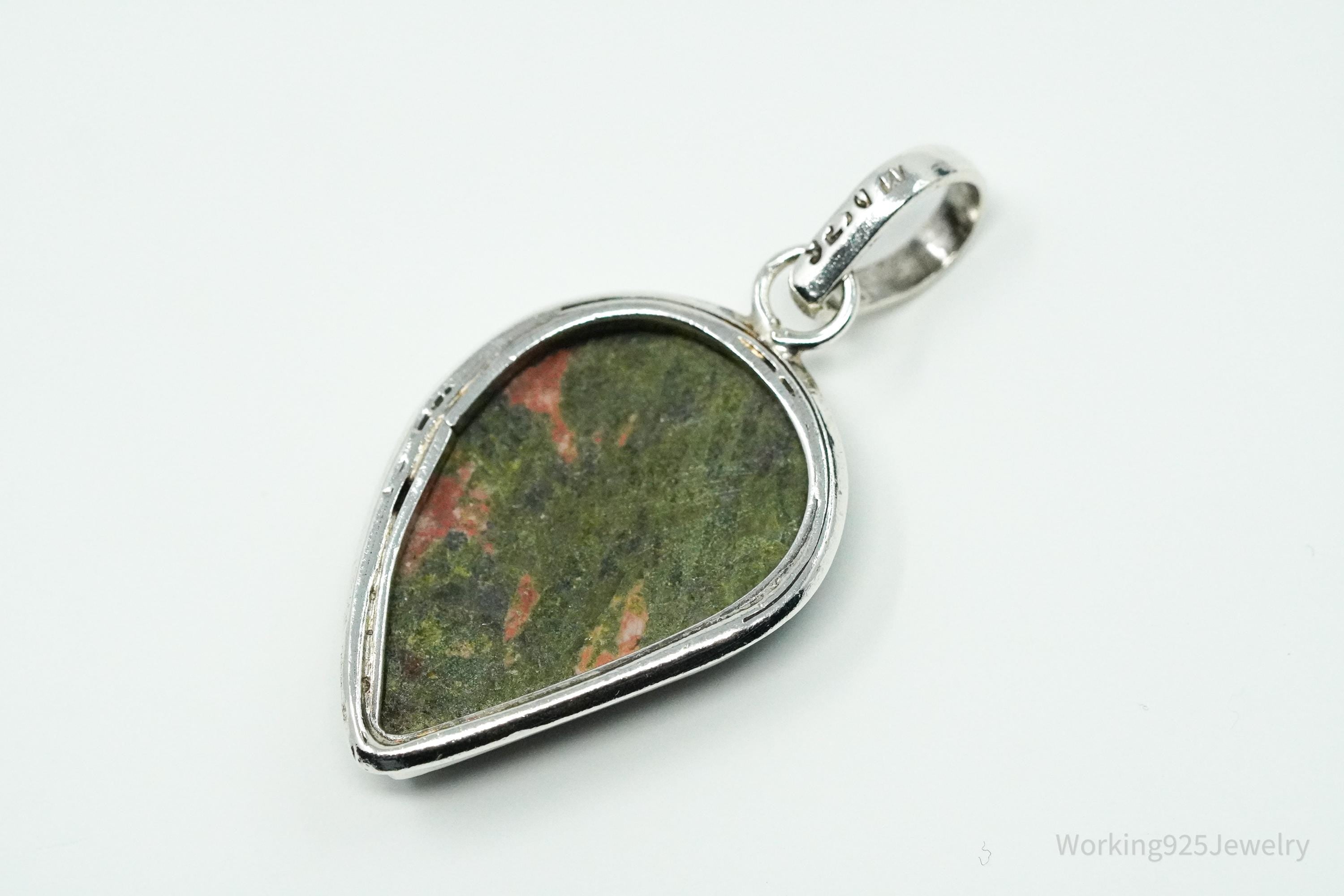 Vintage Large Unakite Sterling Silver Necklace Pendant