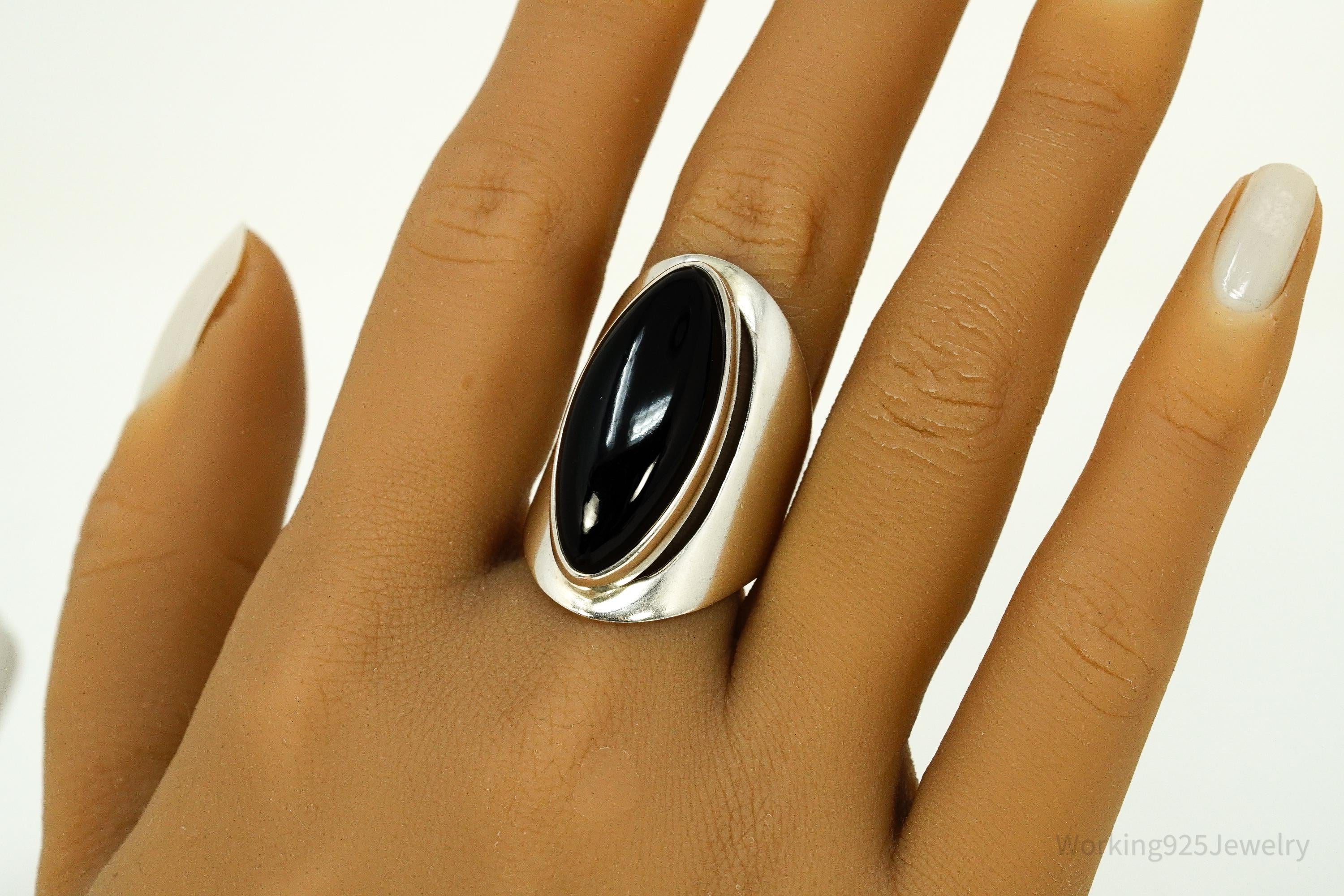 Vintage Black Onyx Modernist Style Sterling Silver Ring - Size 9.25