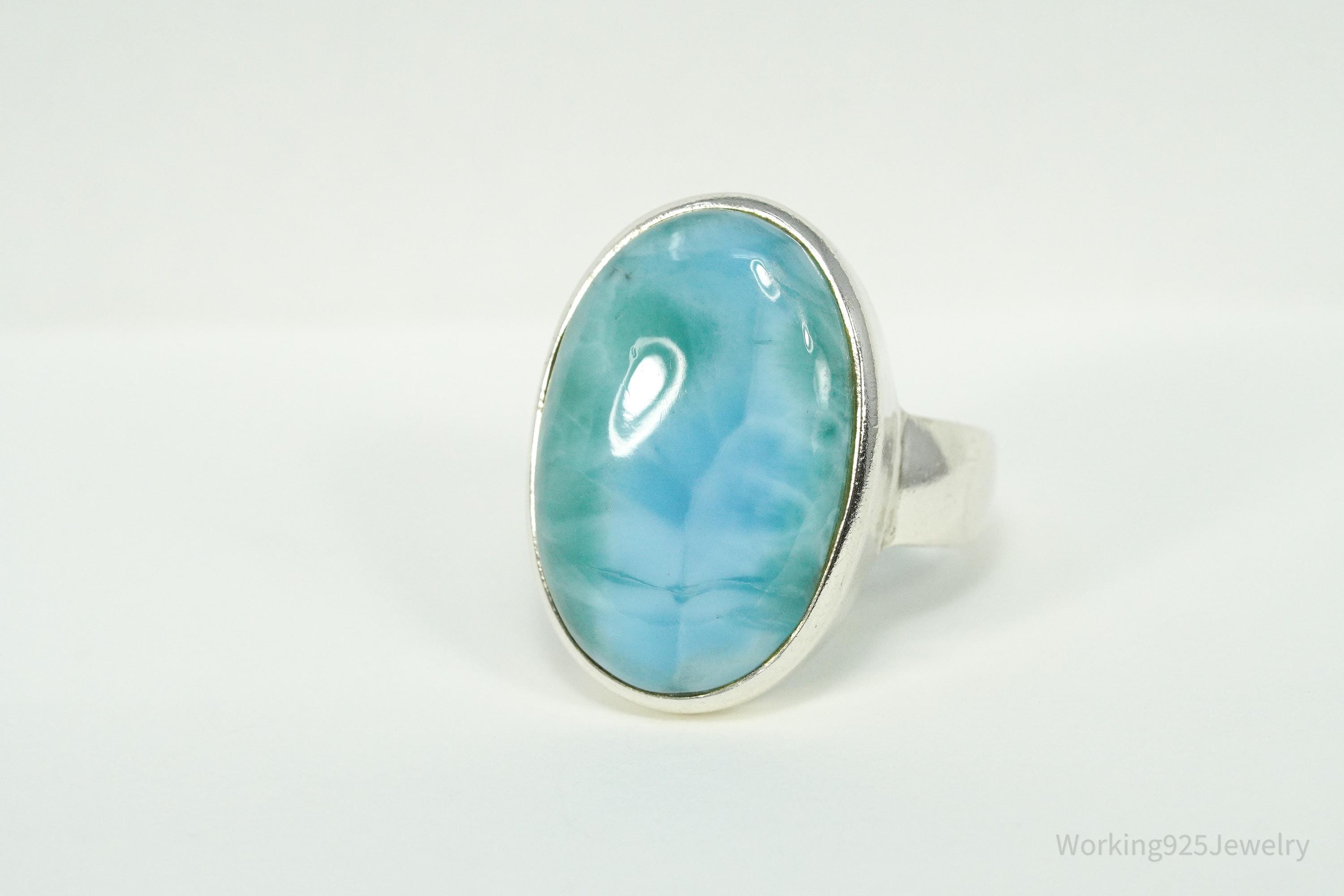 Vintage Large Blue Larimar Sterling Silver Ring - Size 9