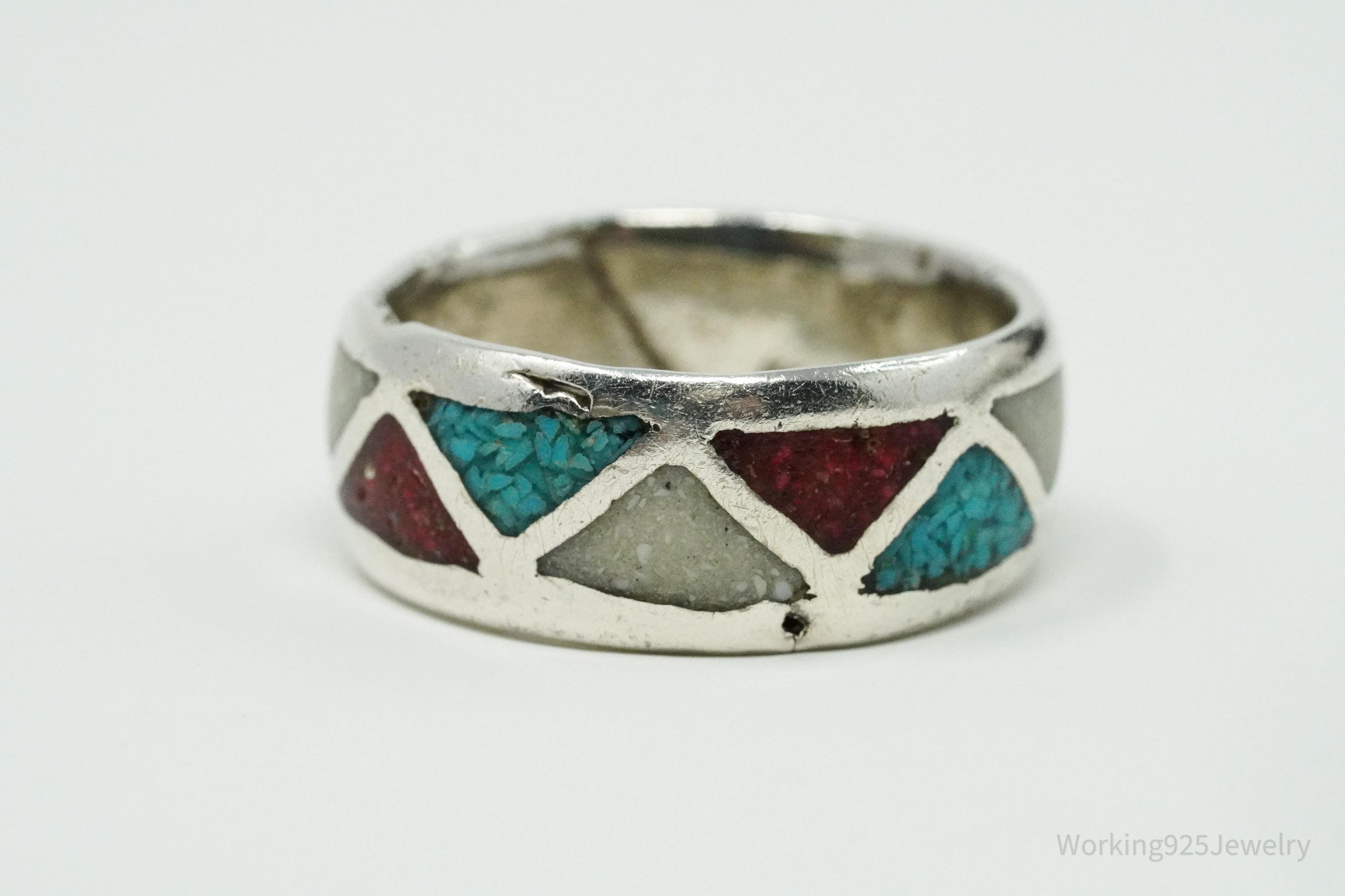 Vintage Native American Stone Inlay Unsigned Silver Ring - Size 7.25