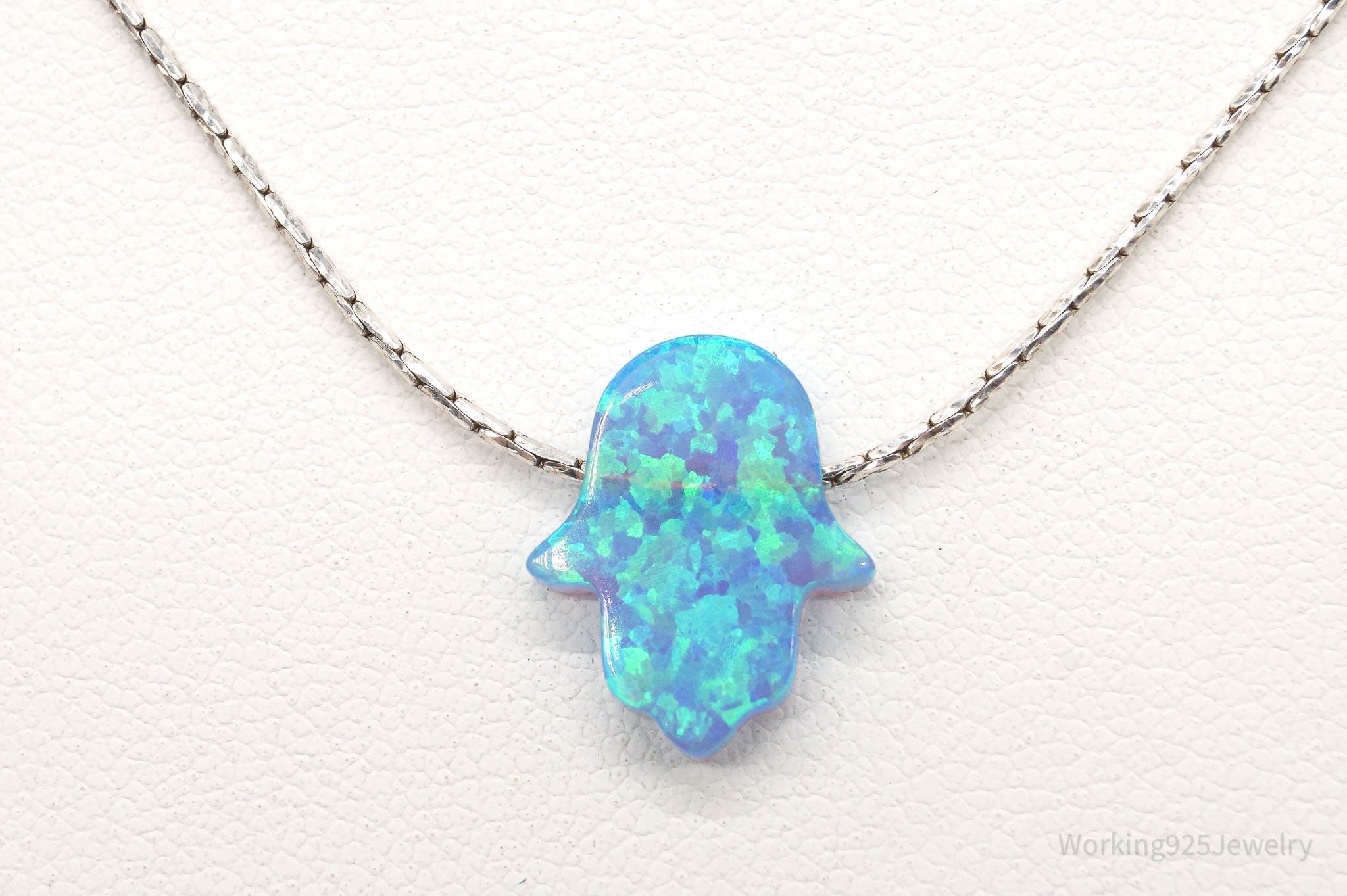 Vintage Blue Opal Hamsa Hand Sterling Silver Necklace