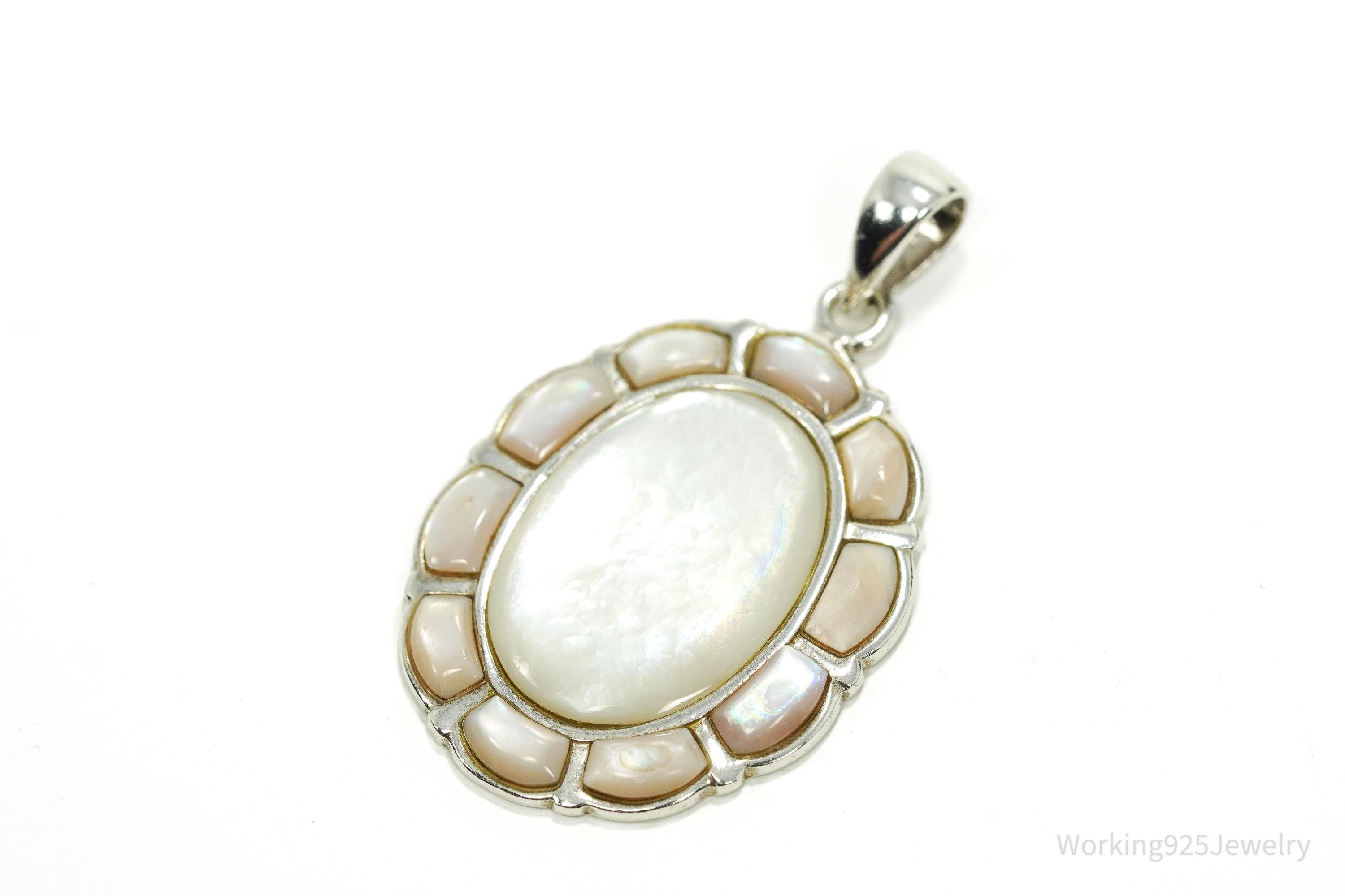 Vintage Large Mother Of Pearl Inlay Sterling Silver Pendant