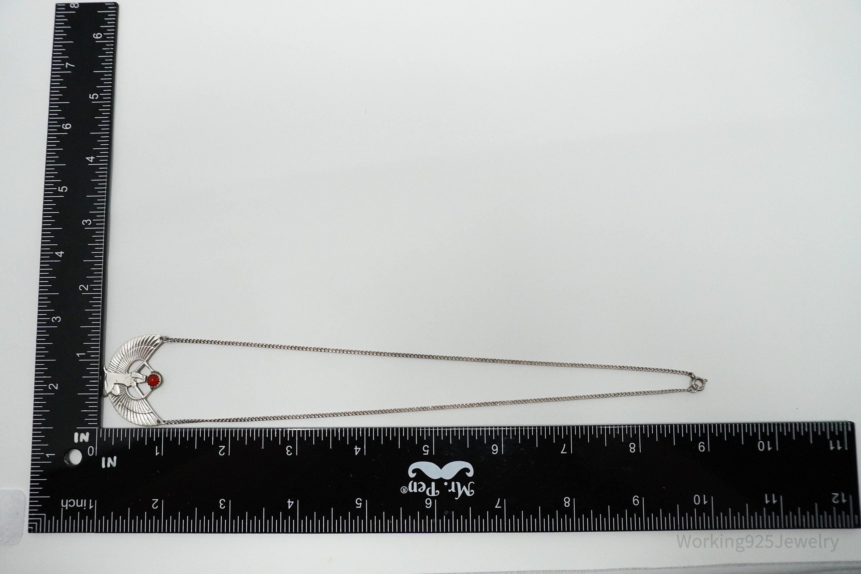 Vintage Egyptian Winged Goddess Isis Red Stone Sterling Silver Necklace 16"