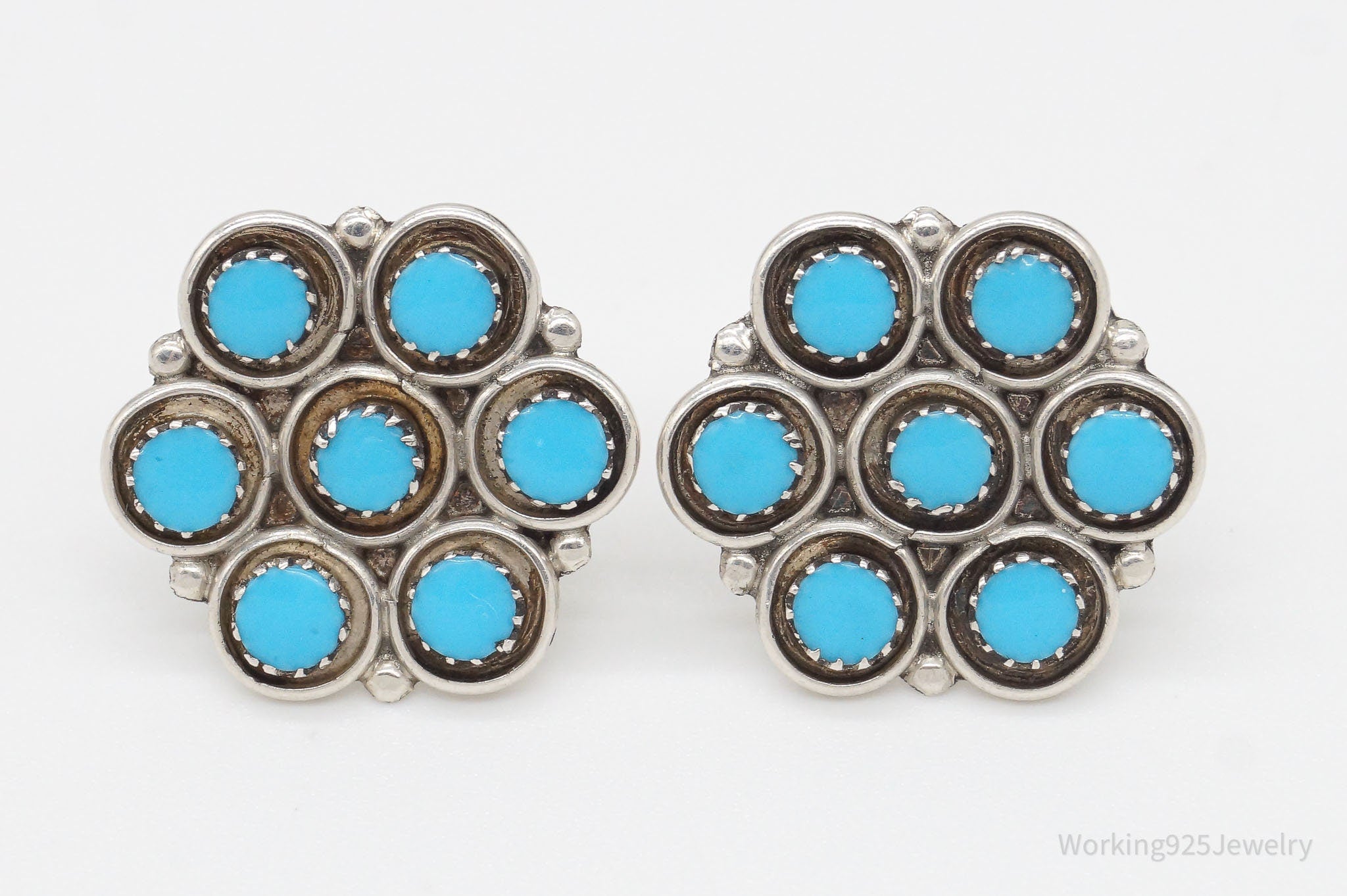 Vintage Native American Turquoise Petit Point Sterling Silver Earrings