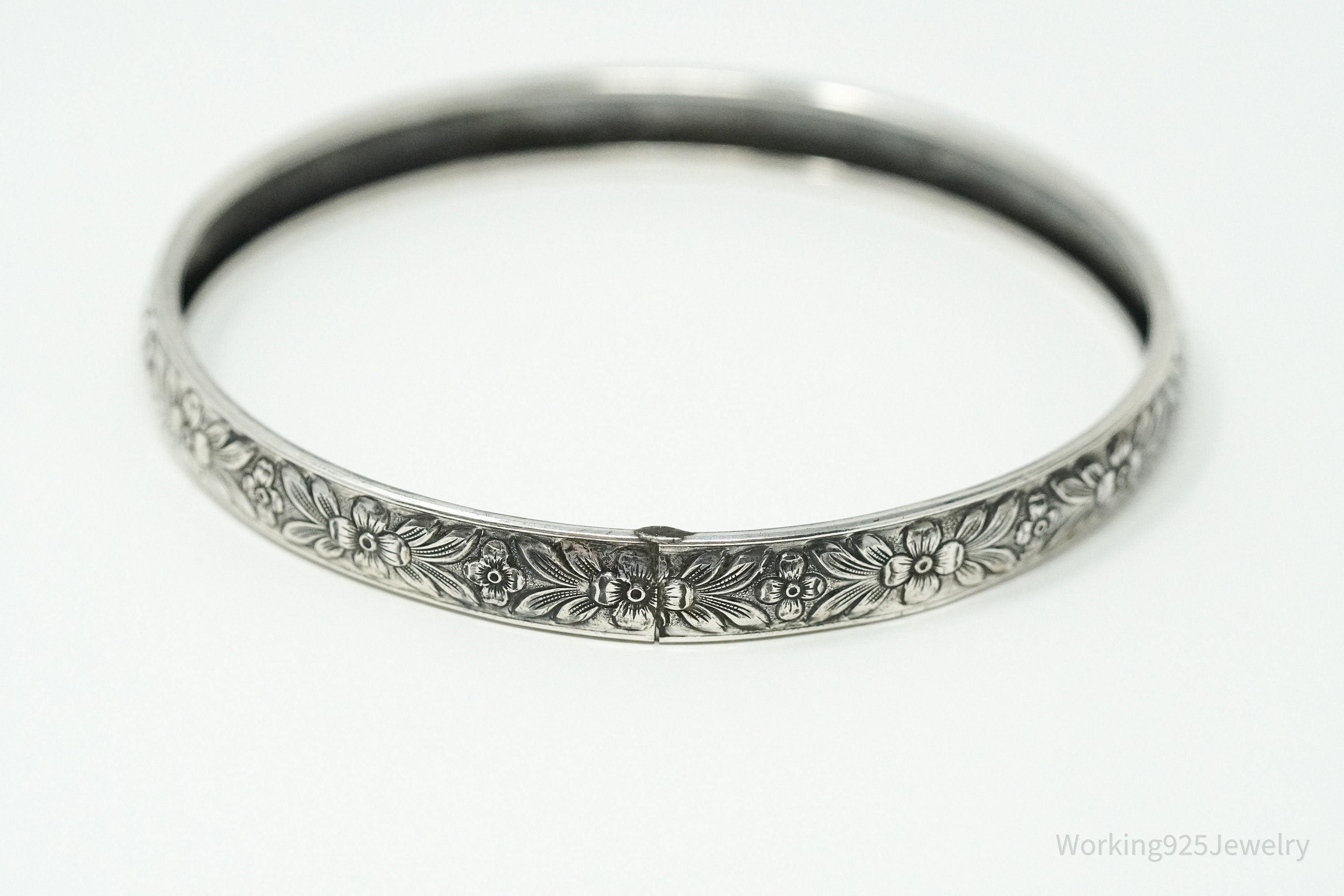 Antique Designer Lang Sterling Silver Floral Bangle Bracelet 8"