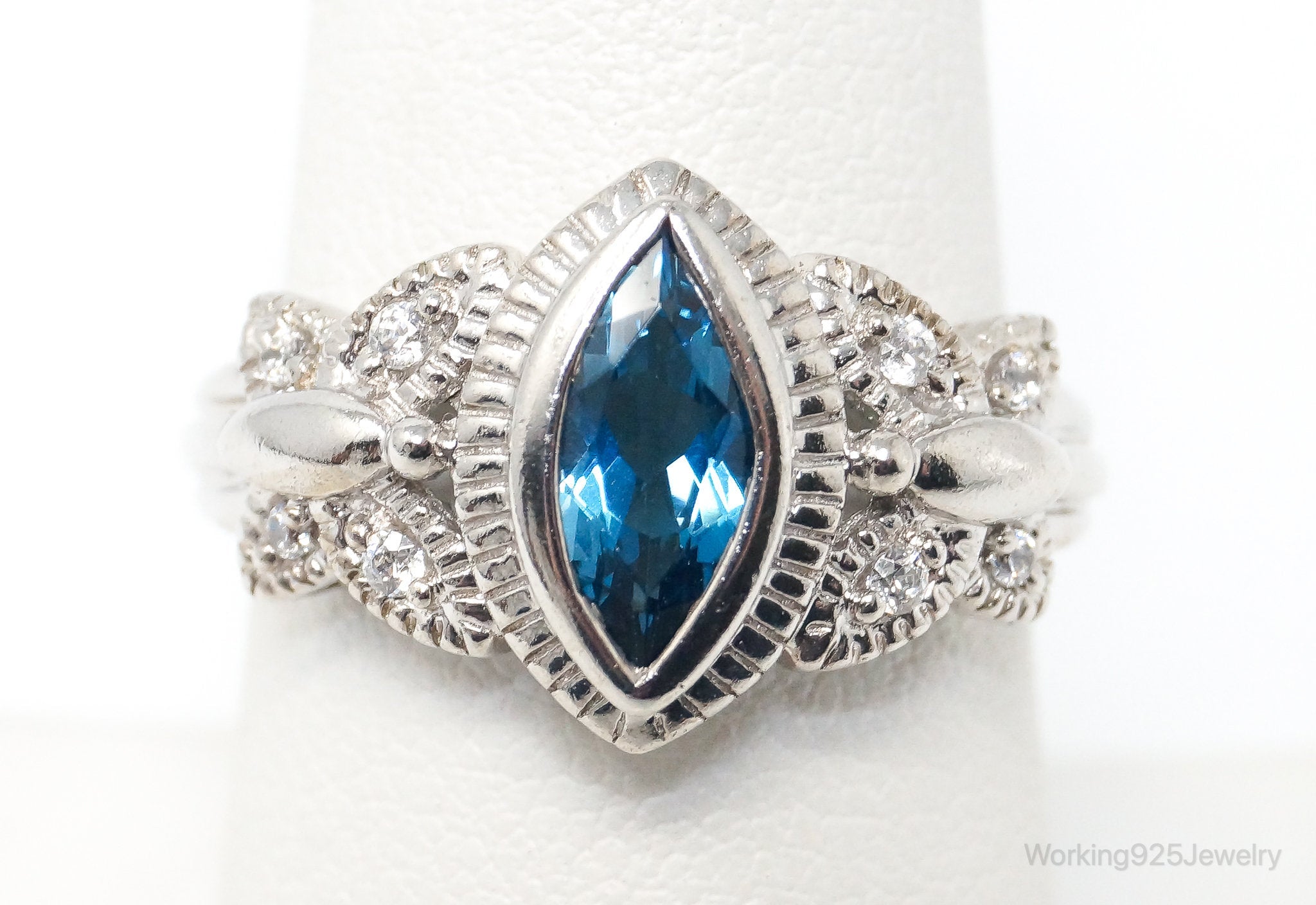 Vintage London Blue Topaz Cubic Zirconia Ring Sterling Silver - Size 7.75