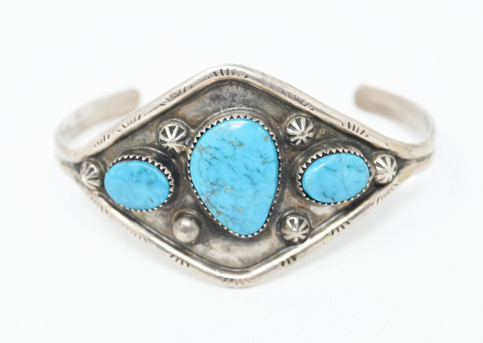 Vintage Native Handmade Unsigned Turquoise Sterling Silver Cuff Bracelet